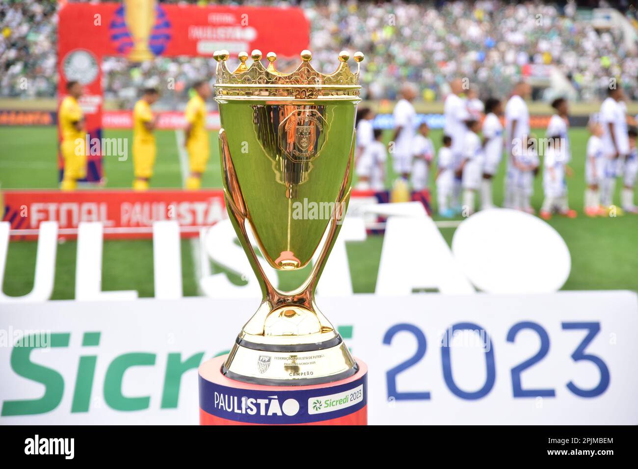 SAO PAULO,BRAZIL - APRIL 2: The trophy is seen before a match between E.C.  Água Santa and S.E Palmeiras as part of Final of Campeonato Paulista 2023  (Sao Paulo State Championship) at