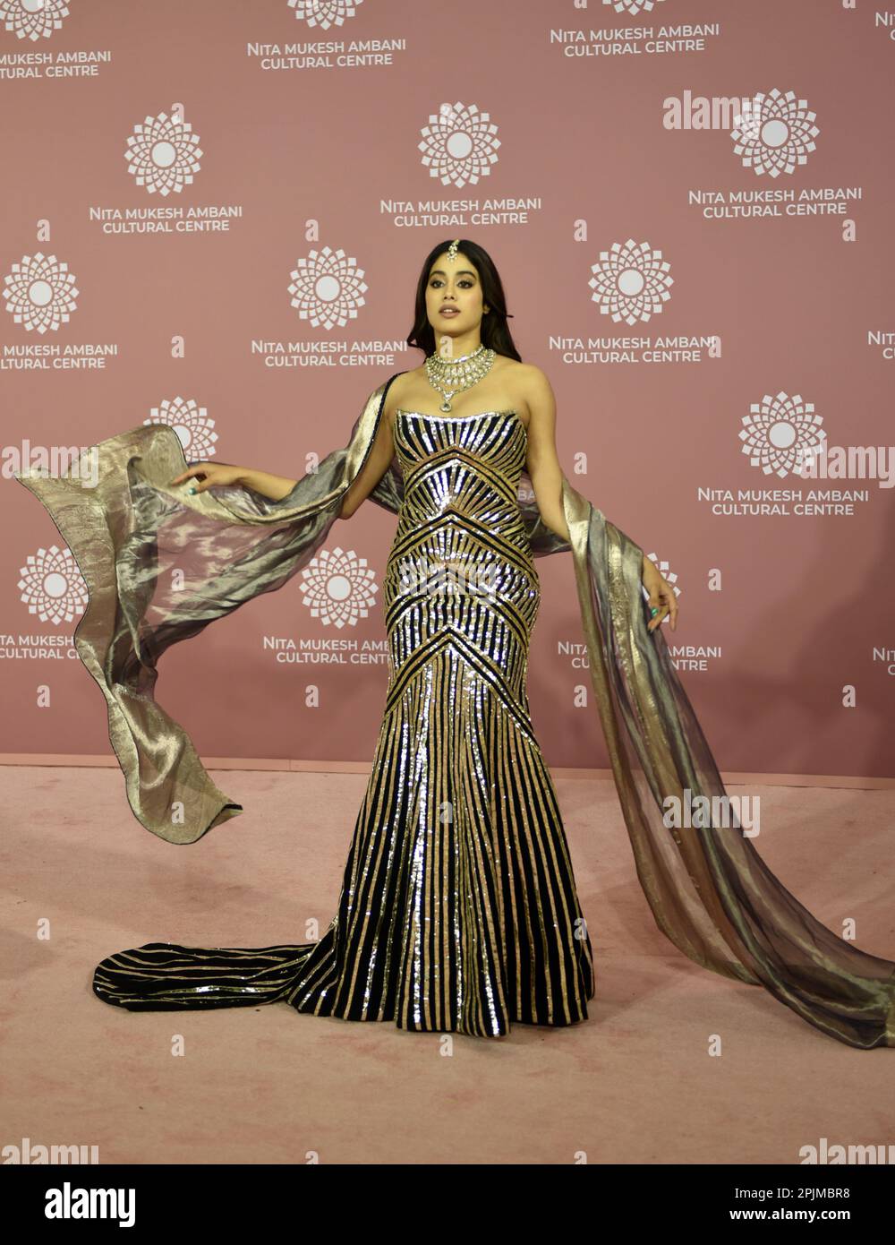 Indian actress Janhvi Kapoor poses for a photo shoot on the red carpet during the second day of the opening of Nita Mukesh Ambani Cultural Centre in Mumbai, India, 01 April, 2023. (Photo by Indranil Aditya/NurPhoto) Credit: NurPhoto SRL/Alamy Live News Stock Photo