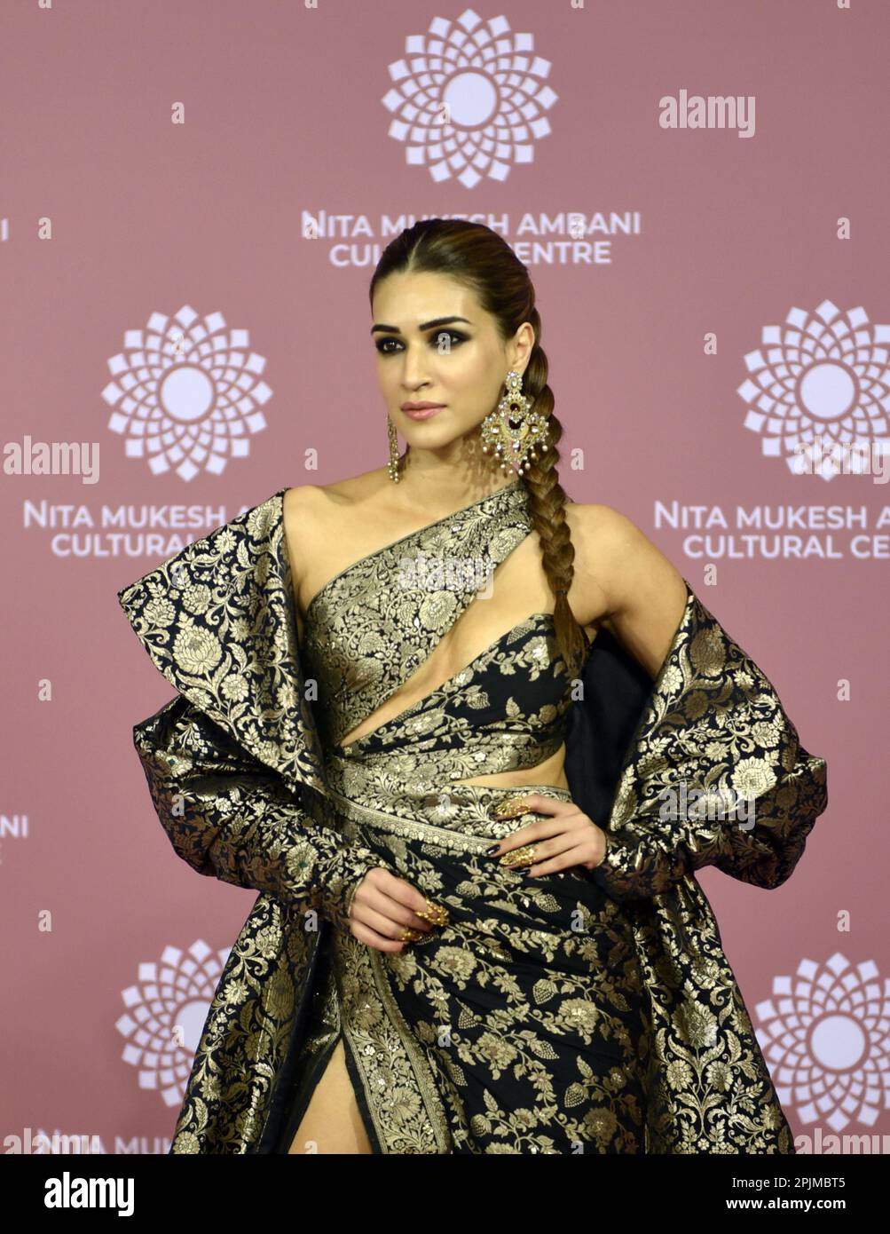 Indian actress Kriti Sanon poses for a photo shoot on the red carpet during the second day of the opening of Nita Mukesh Ambani Cultural Centre in Mumbai, India, 01 April, 2023. (Photo by Indranil Aditya/NurPhoto)0 Credit: NurPhoto SRL/Alamy Live News Stock Photo