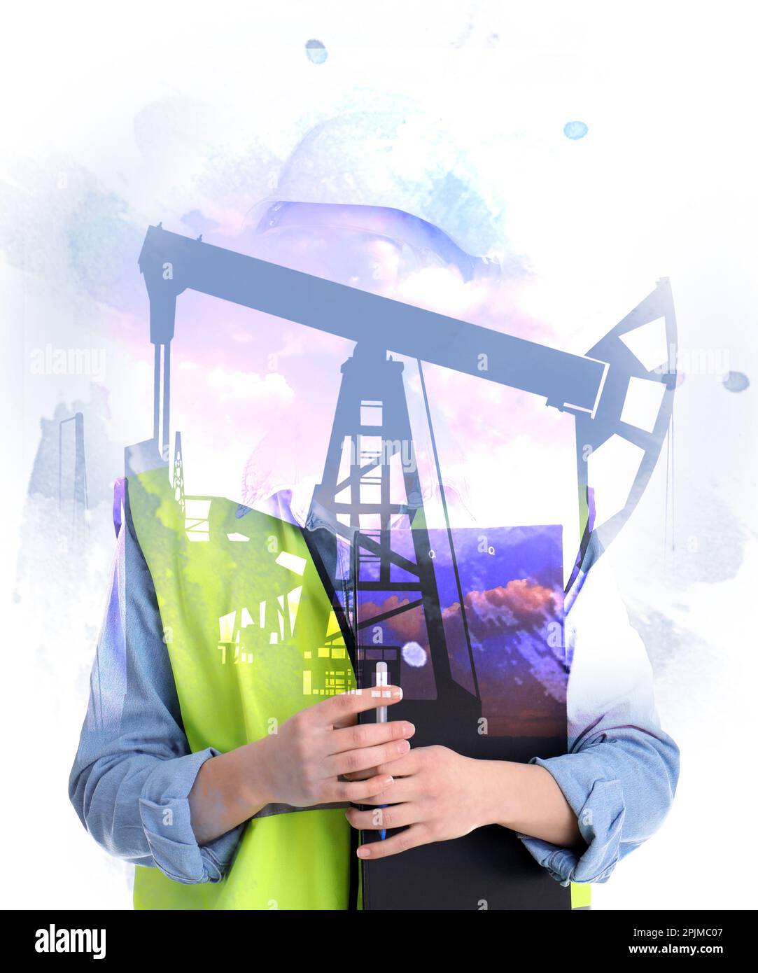 Double exposure of crude oil pumps and woman wearing uniform on white background Stock Photo