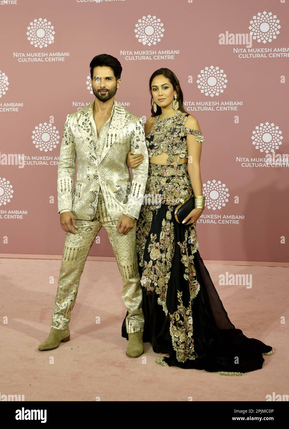 Indian actor Sahid Kapoor and his wife Mira Rajput poses for a photo shoot on the red carpet during the second day of the opening of Nita Mukesh Ambani Cultural Centre in Mumbai, India, 01 April, 2023. (Photo by Indranil Aditya/NurPhoto) Credit: NurPhoto SRL/Alamy Live News Stock Photo