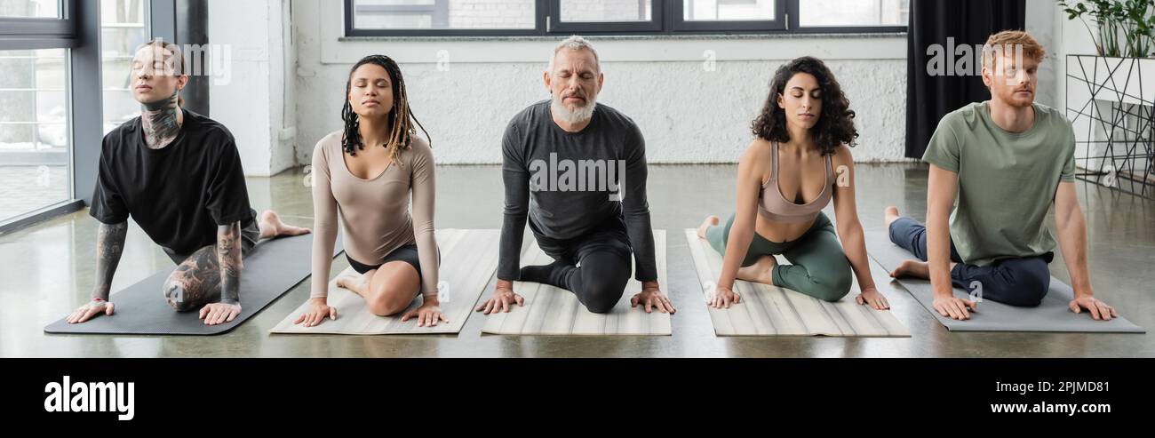 Multiethnic people practicing Half Pigeon asana in yoga studio, banner,stock image Stock Photo