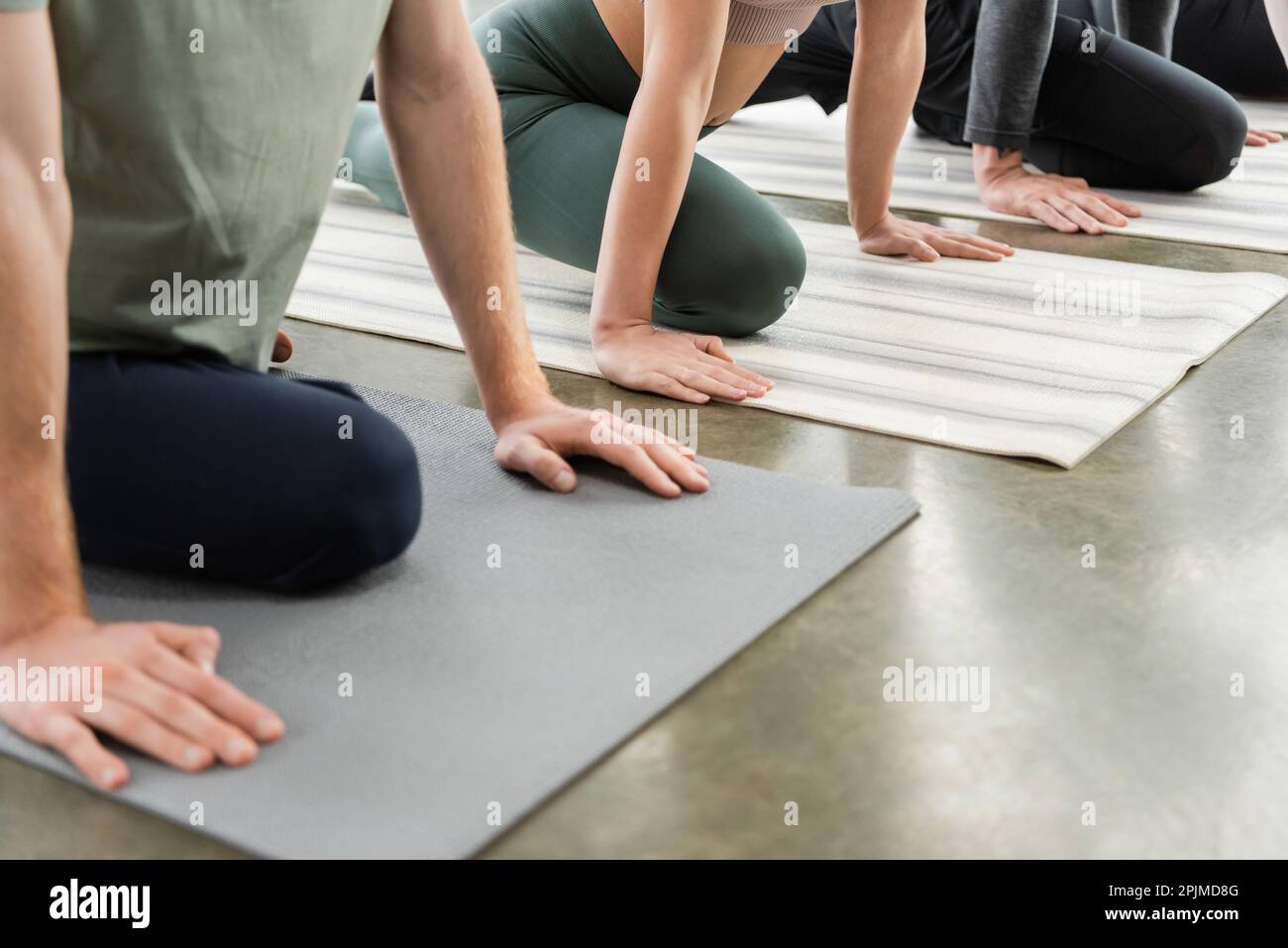 Cropped view of people doing Half Pigeon asana on mats in yoga class,stock image Stock Photo