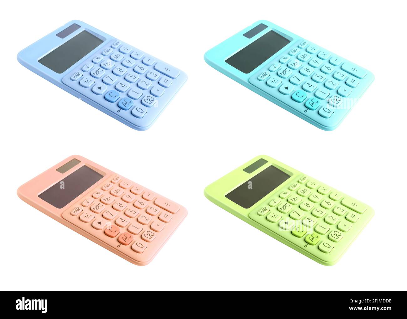 Set of different calculators on white background Stock Photo Alamy