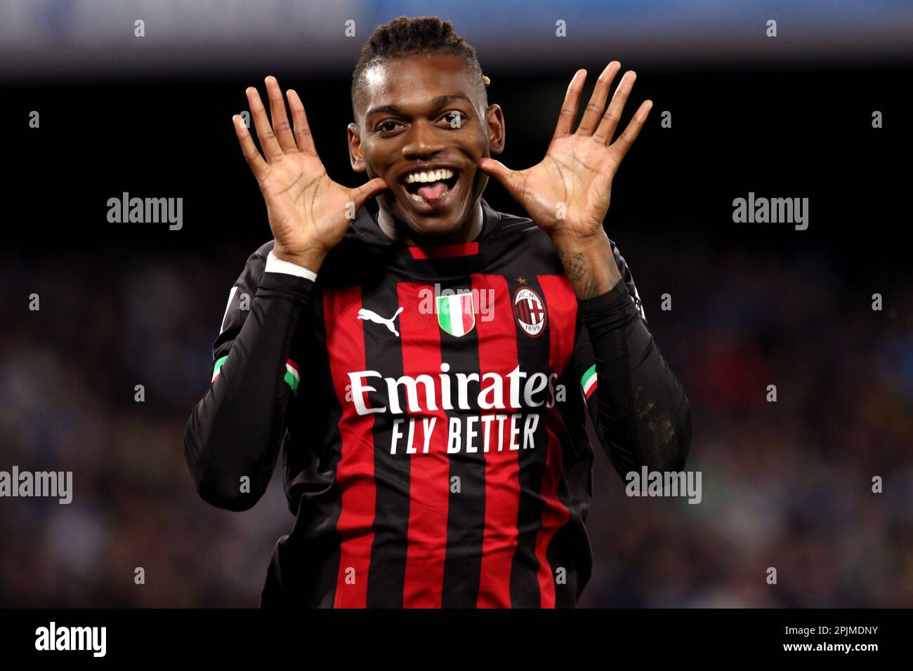 Napoli, Italy. 02nd Apr, 2023. Rafael Leao of Ac Milan celebrates after  scoring a goal during the Serie A match beetween Ssc Napoli and Ac Milan at  Stadio Maradona on April 2