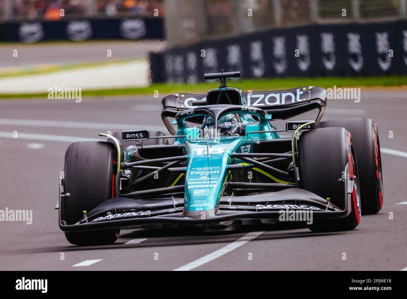 MELBOURNE, AUSTRALIA - APRIL 01: Lance Stroll of Canada drives the Aston Martin AMR23 Mercedes during free practice at the 2023 Australian Grand Prix Stock Photo