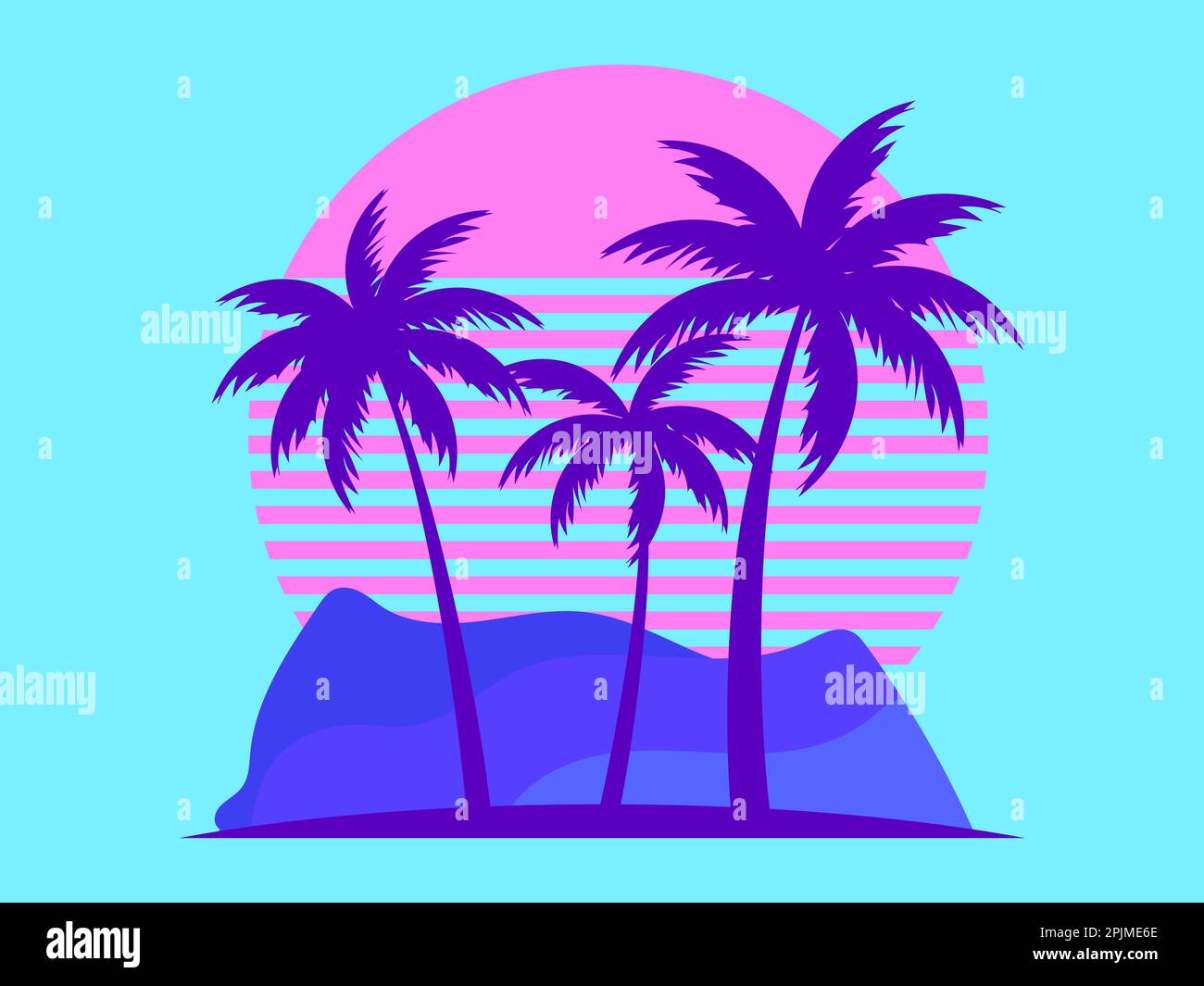 Palm trees against a pink sun in the style of the 80s. Synthwave and 80s style retrowave. Design for advertising brochures, banners, posters, travel a Stock Vector