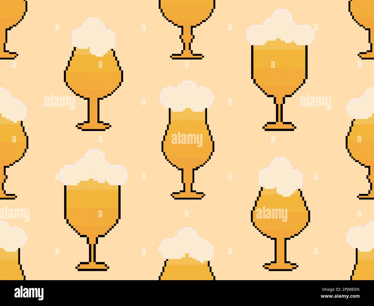 Pixel beer seamless pattern. Beer with foam in stemmed glasses in pixel art style. Design of 8 bit beer glasses for app, banner and advertisement. Vec Stock Vector