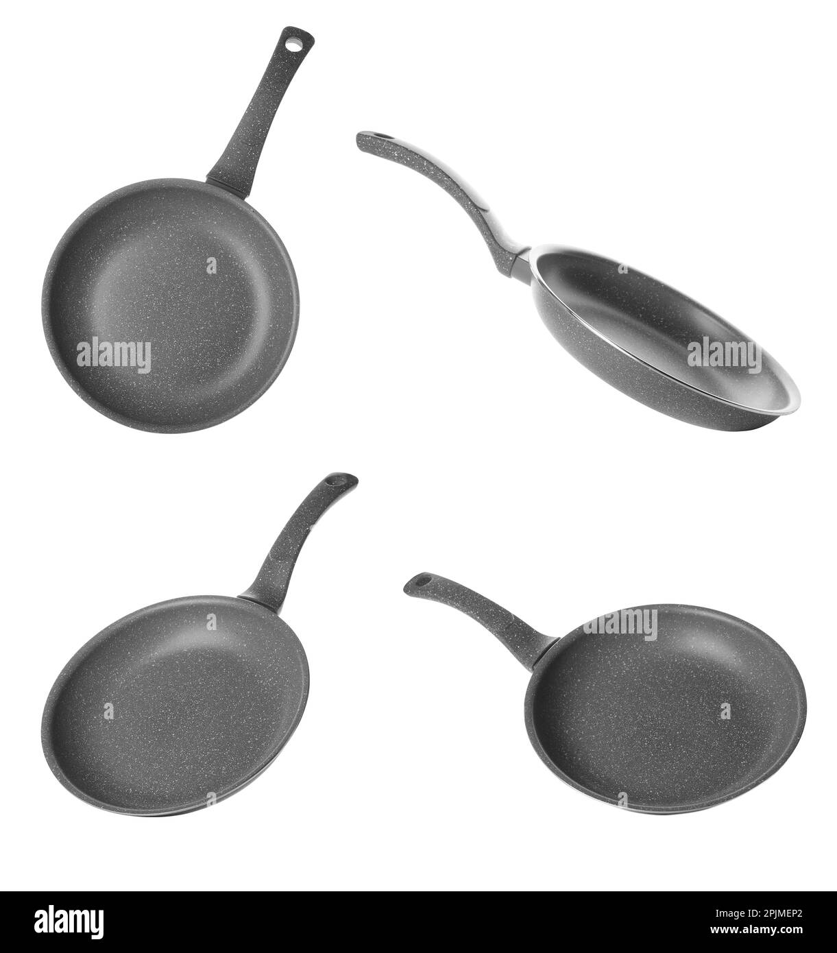 Set with new frying pans on white background Stock Photo Alamy