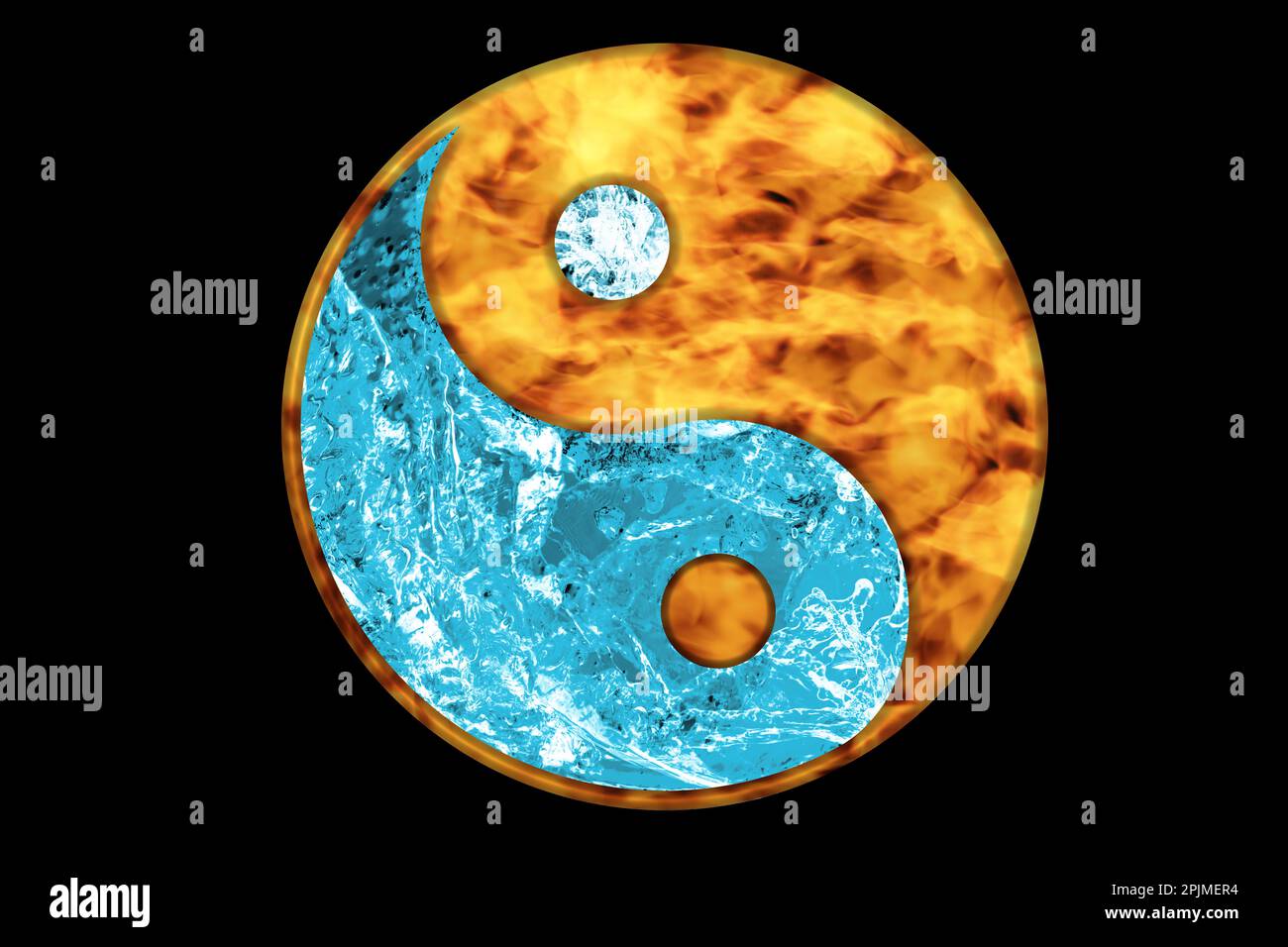 Fire and water resembling Yin Yang symbol on black background. Feng