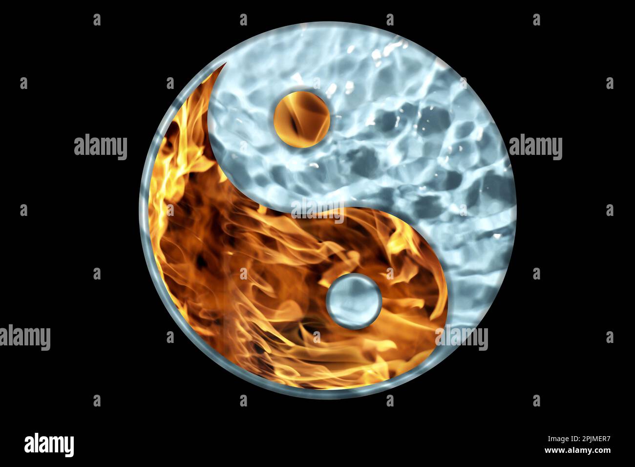 Fire and water resembling Yin Yang symbol on black background. Feng