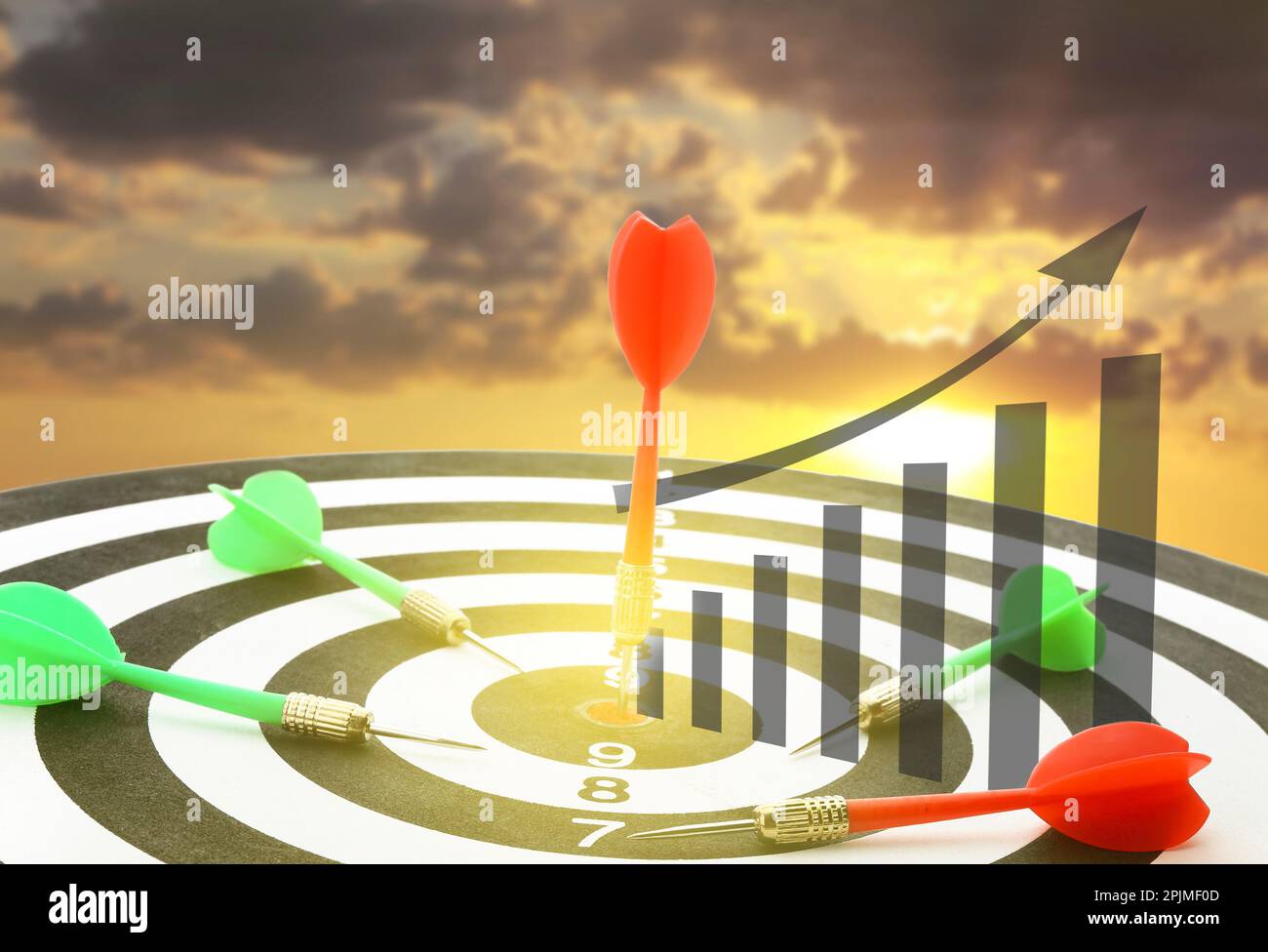 Darts hitting target on board, illustration of graph and blurred of