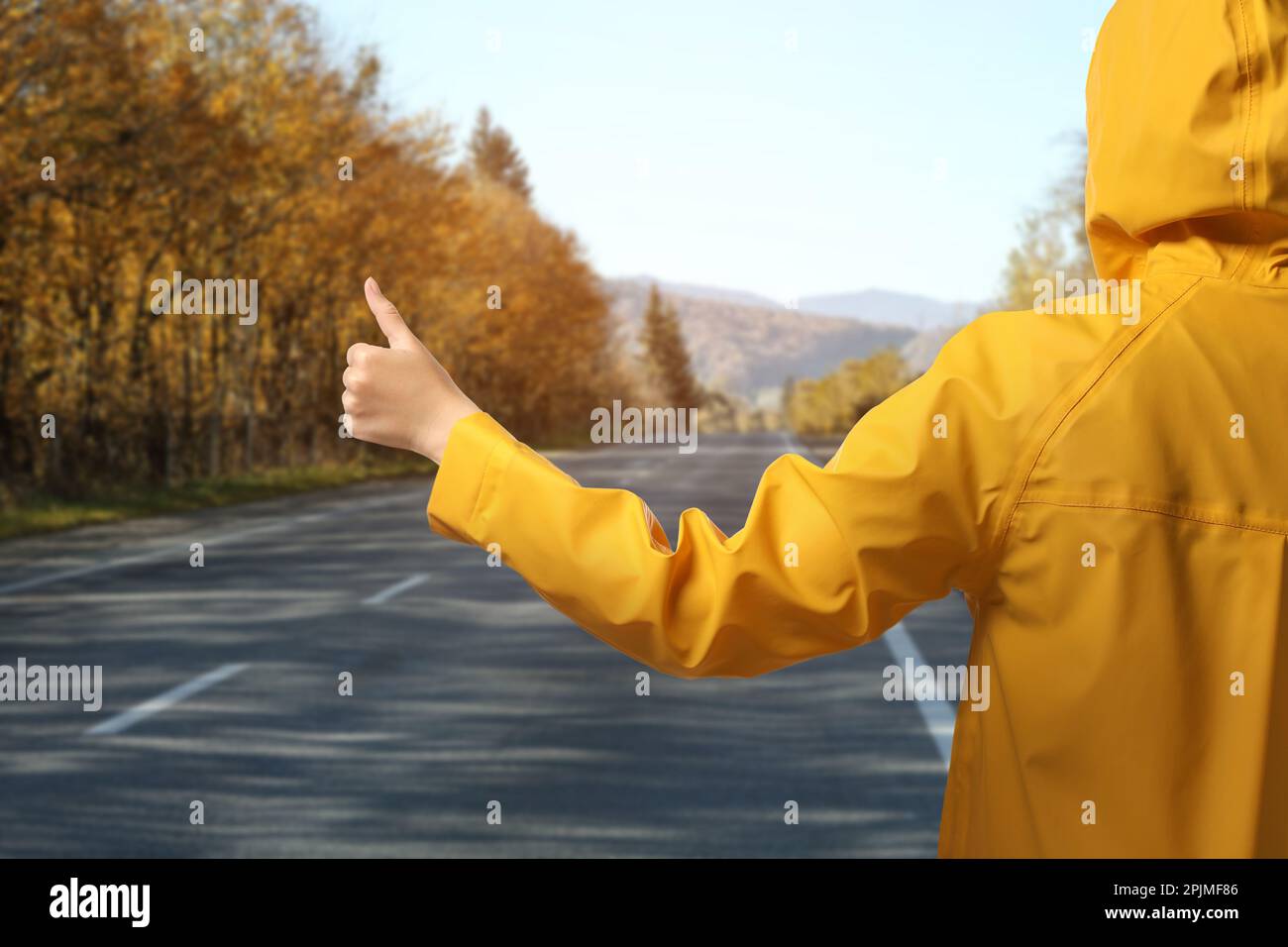 Woman catching car on road, closeup. Hitchhiking trip Stock Photo