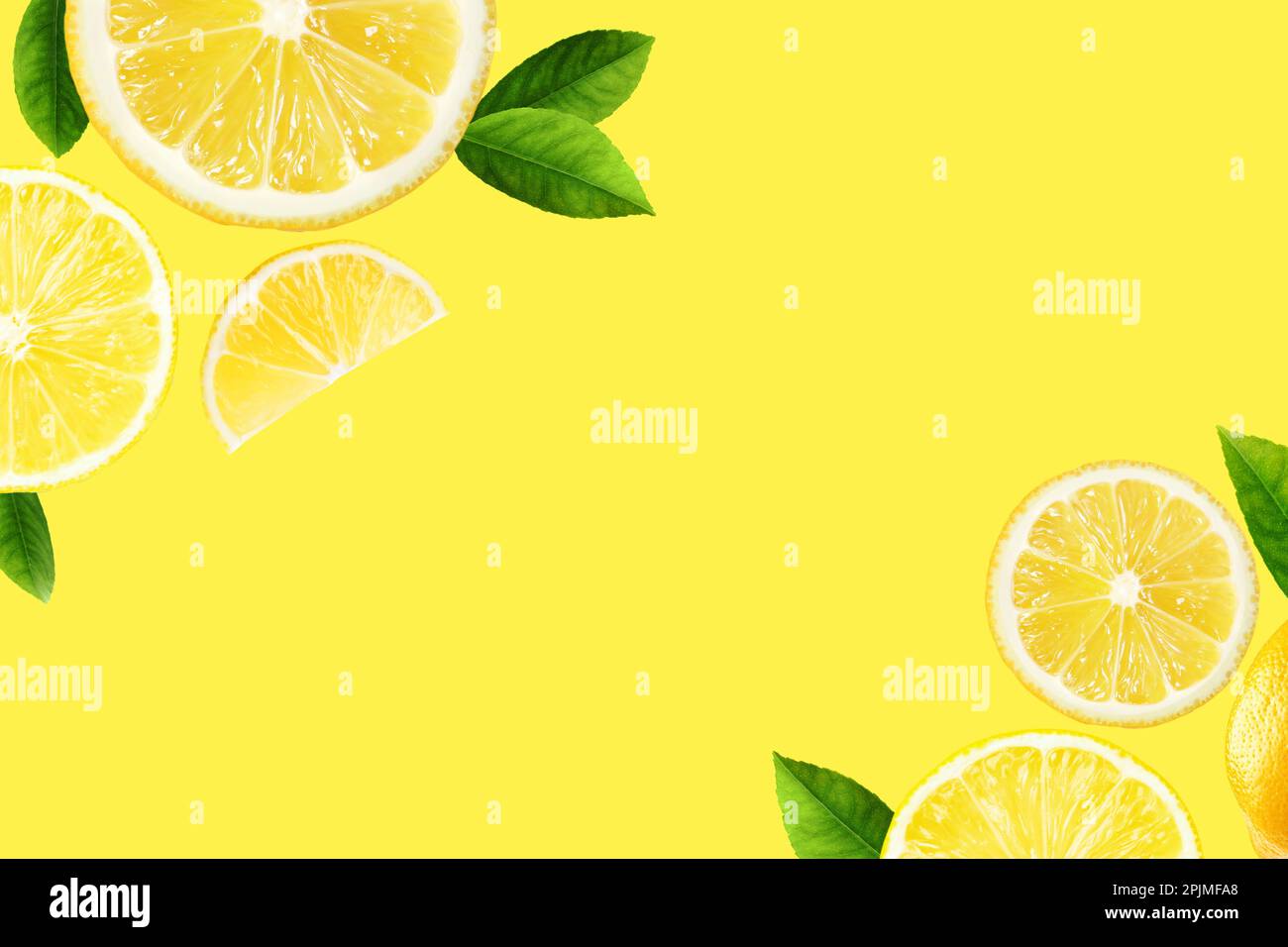 Fresh ripe lemons and green leaves on yellow background, flat lay. Space for text Stock Photo