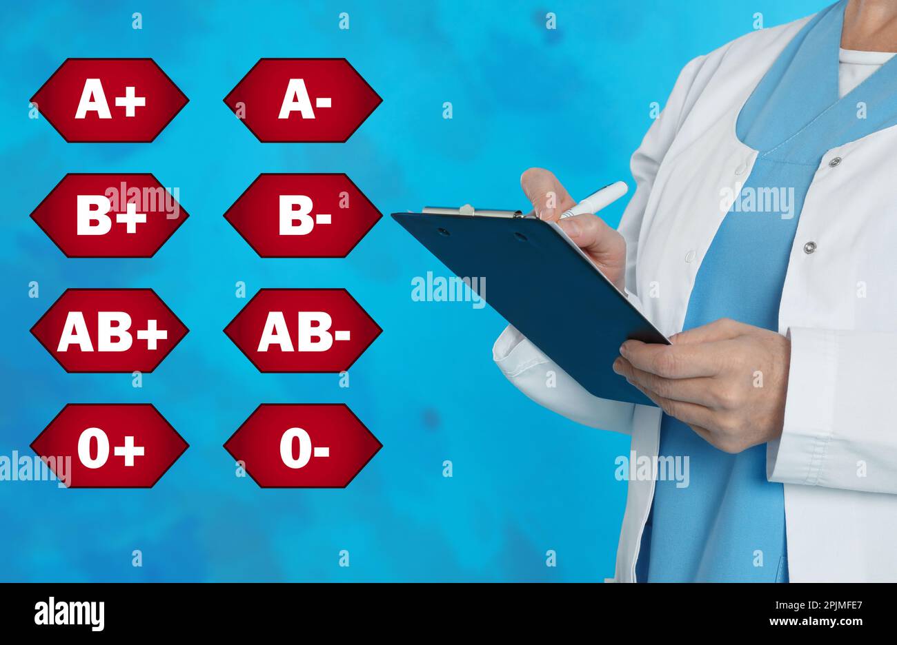 Icons representing different blood types and doctor with clipboard on
