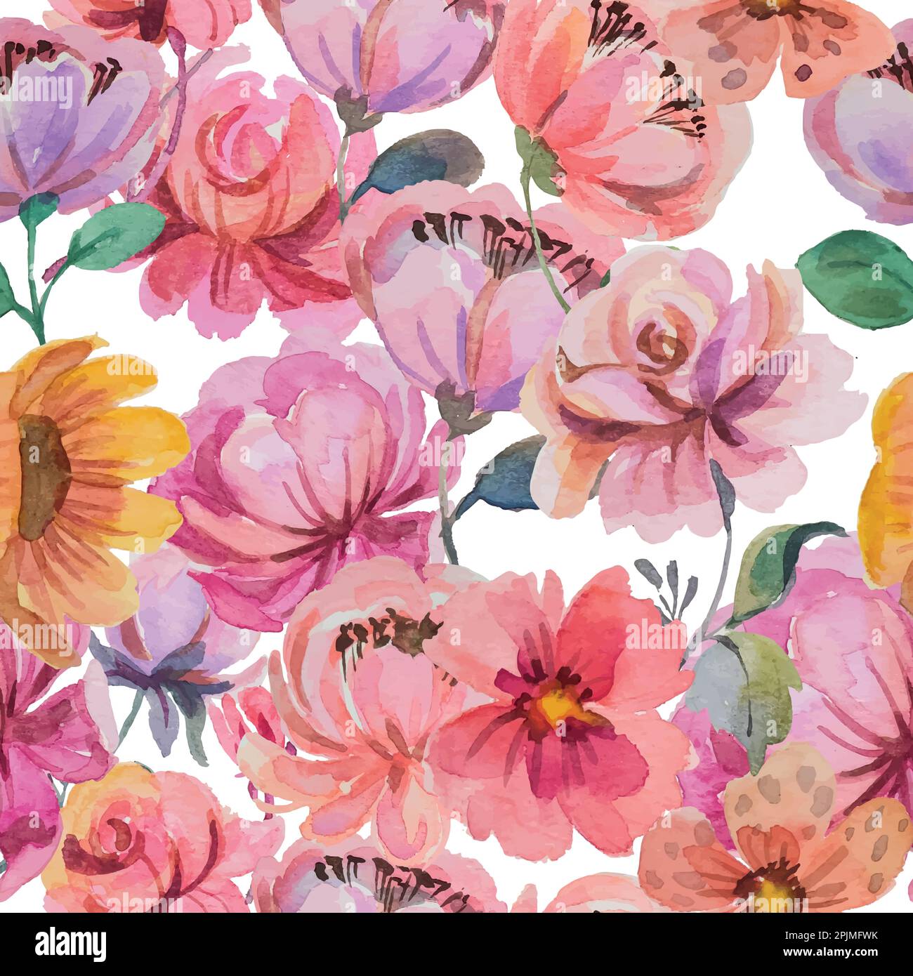 seamless classic pattern with hand drawn watercolor flowers and leaves ...