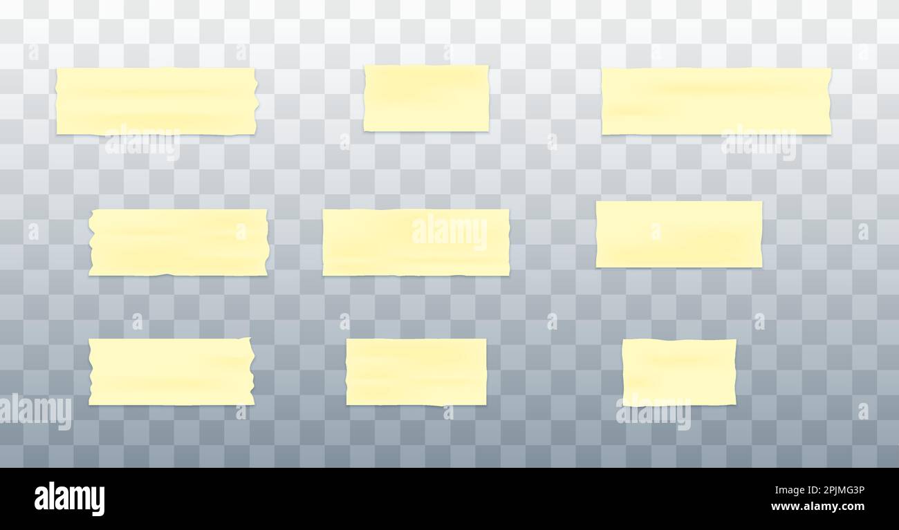 Adhesive tape collection. Set of adhesive paper pieces. Scotch pieces on transparent background. Realistic tape mockup. Vector illustration Stock Vector
