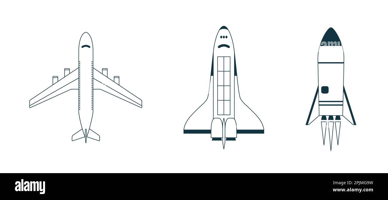 Airplane, aircraft, spaceship, space shuttle, space rocket silhouettes. Job, work, education skills levels. Path to the goal. Basic, medium advanced, Stock Vector