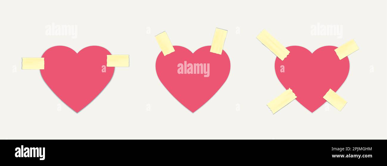 Red paper hearts glued by adhesive tape or scotch. Valentine card ...
