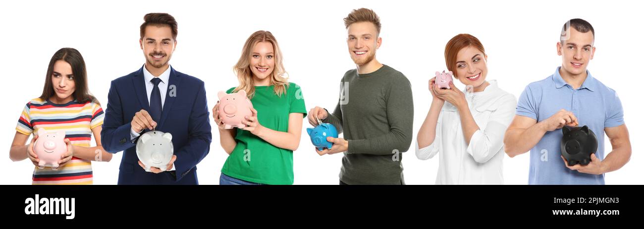 Collage with photos of people holding piggy banks on white background. Banner design Stock Photo