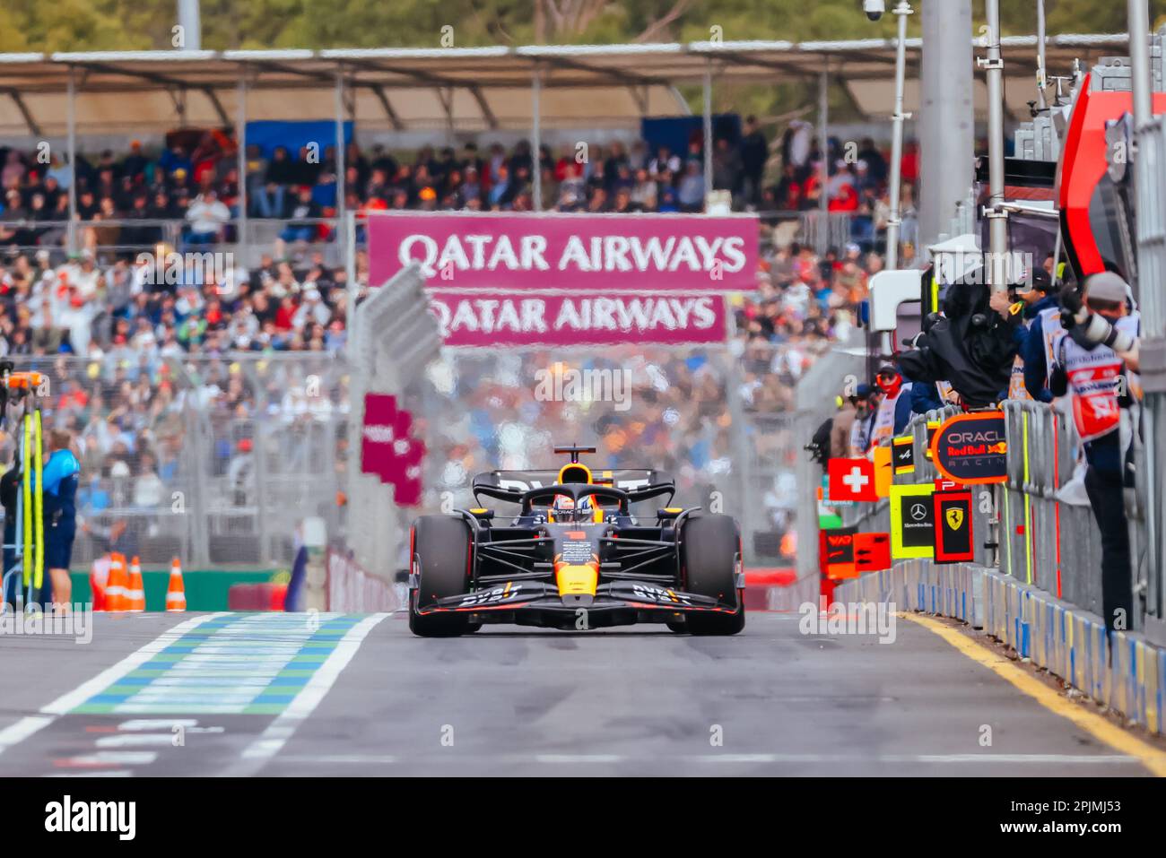MELBOURNE, AUSTRALIA - APRIL 01: Max Verstappen of the Netherlands drives the Oracle Red Bull Racing RB19 during qualifying at the 2023 Australian Gra Stock Photo