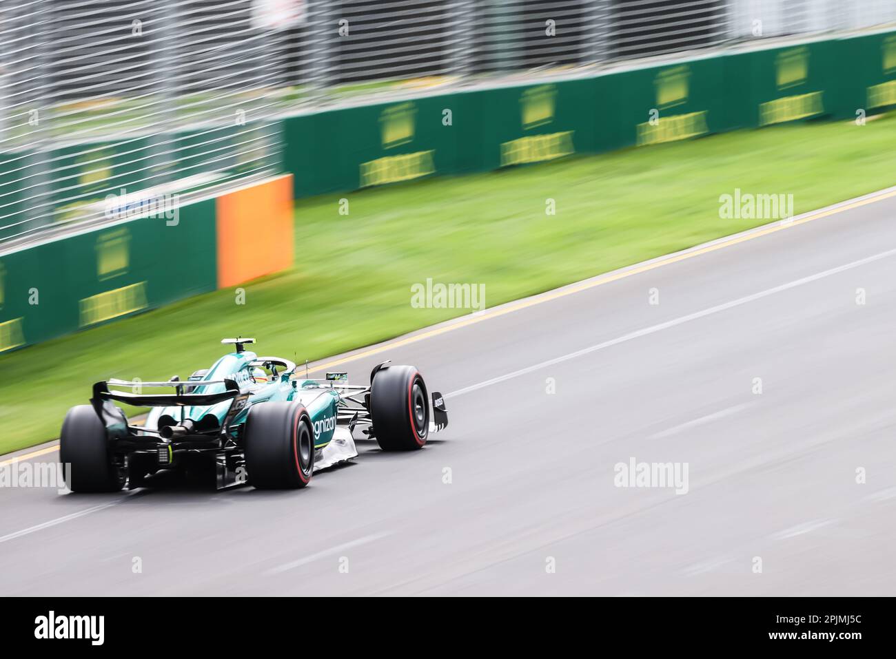 MELBOURNE, AUSTRALIA - APRIL 01: Fernando Alonso of Spain drives the Aston Martin AMR23 Mercedes during qualifying at the 2023 Australian Grand Prix a Stock Photo