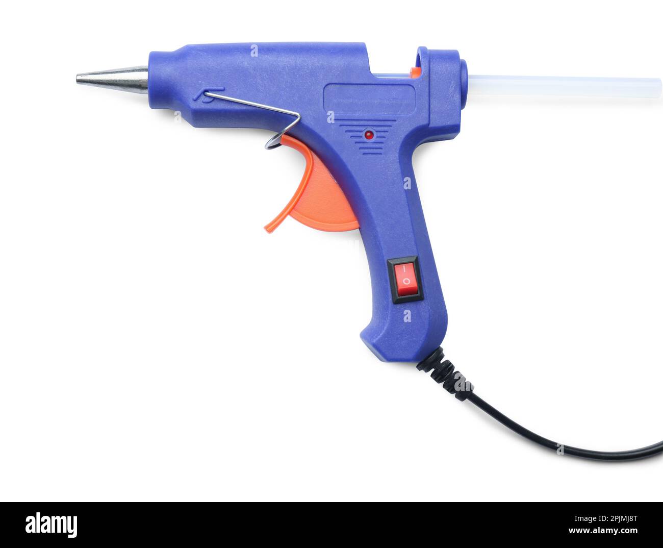 Blue glue gun with stick isolated on white, top view Stock Photo