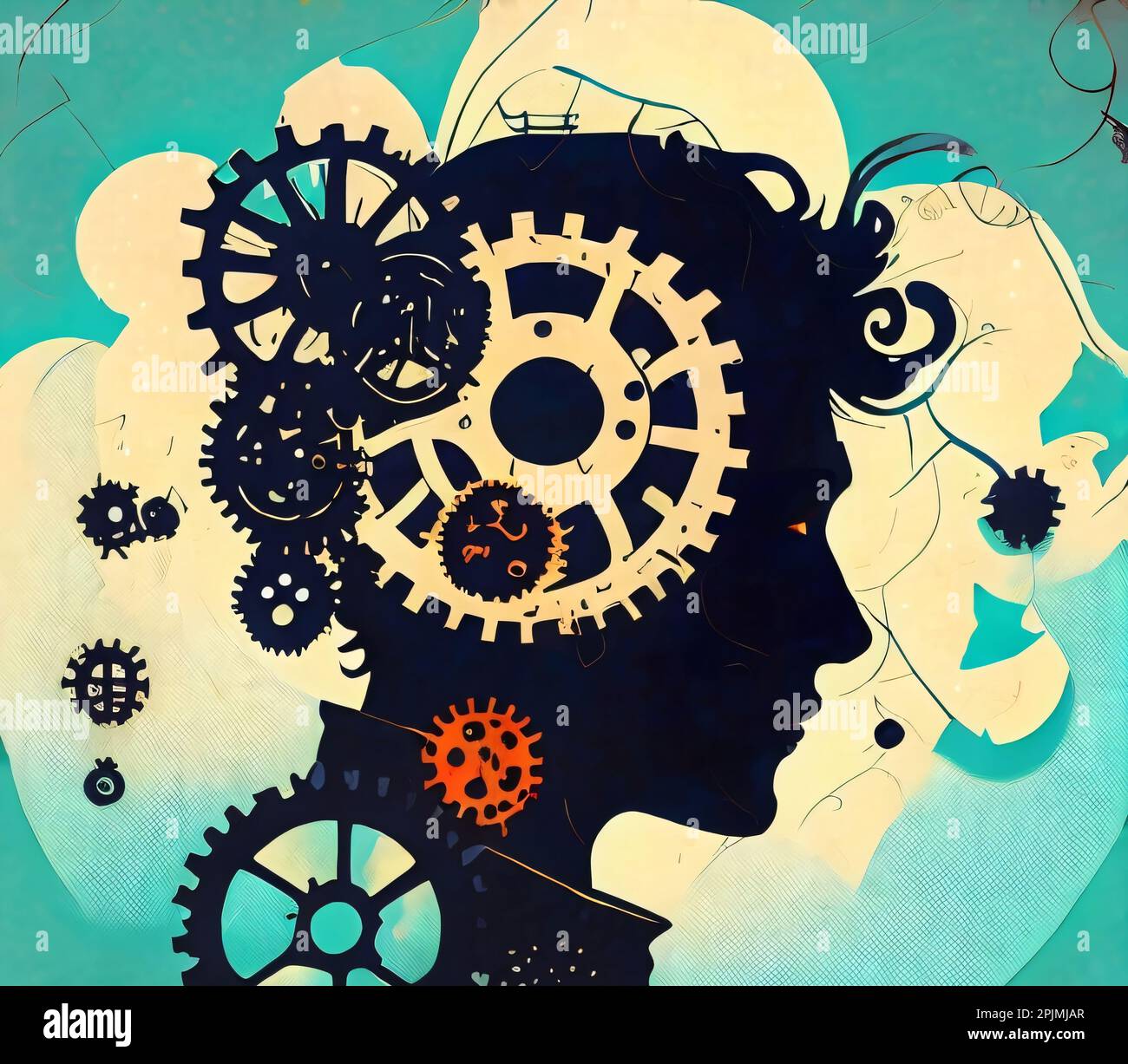 Silhouette of a man with gears and mechanic background Stock Photo - Alamy