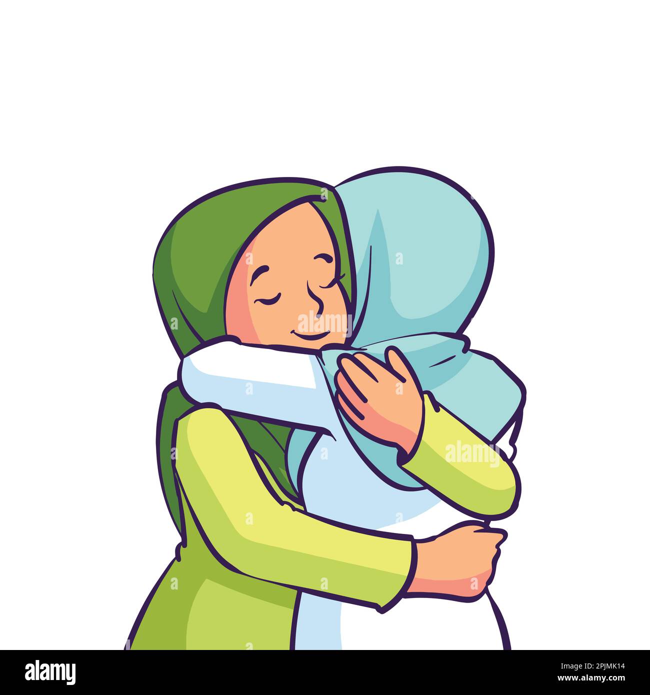 Two Female Hijab Sister Hugging Together Line Art. Arabian Muslim Sibling Embrace with Love and Smile Concept. Happy Sister or Sibling Day. Stock Vector