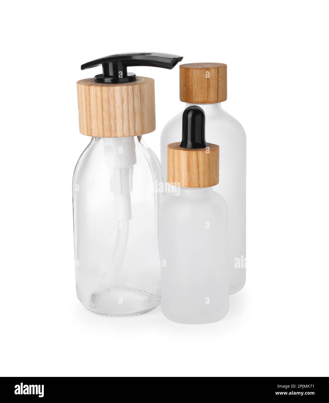 Different glass bottles with dropper and dispenser cap isolated on