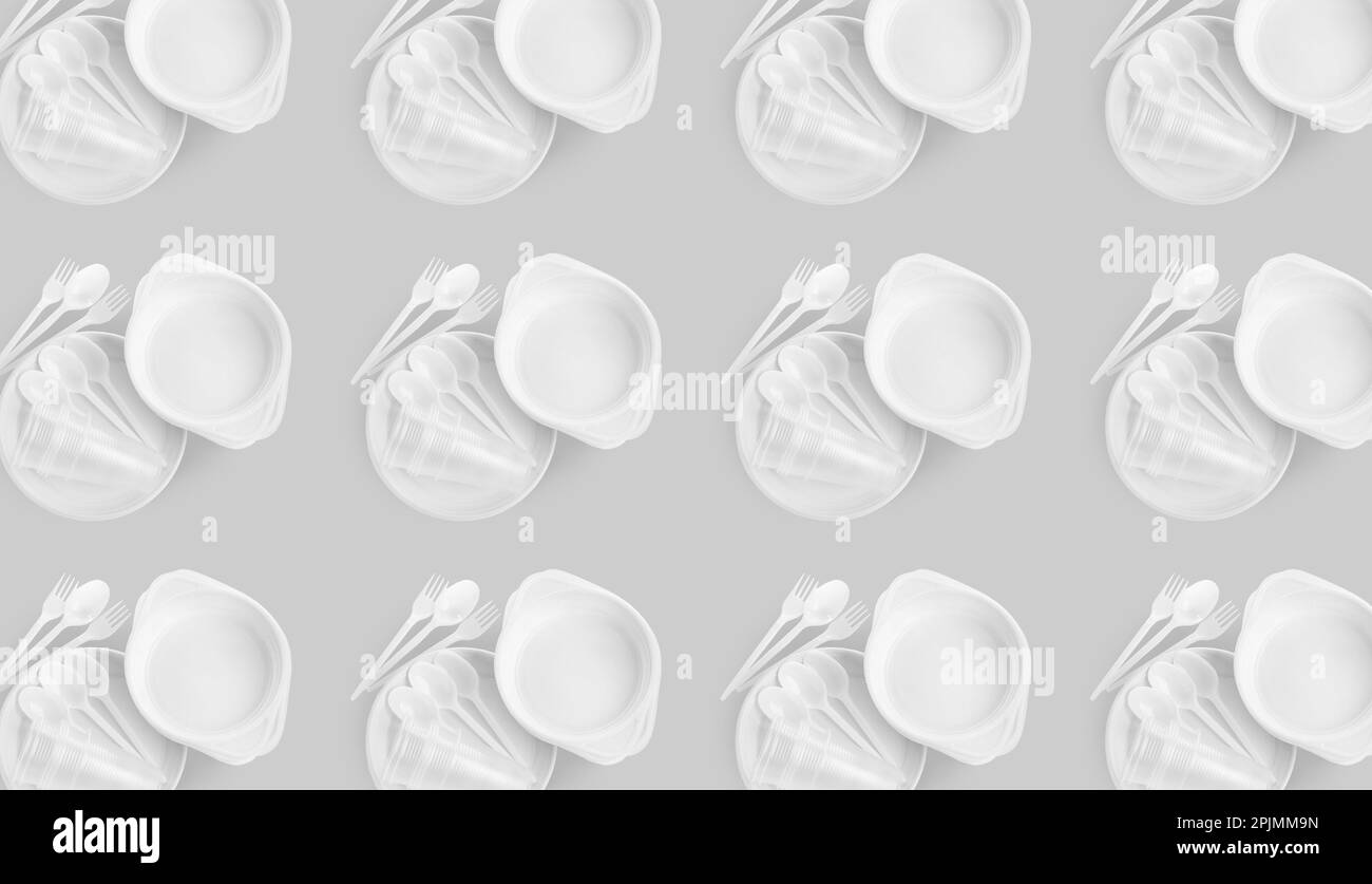 Many disposable tableware on light grey background, flat lay. Seamless ...