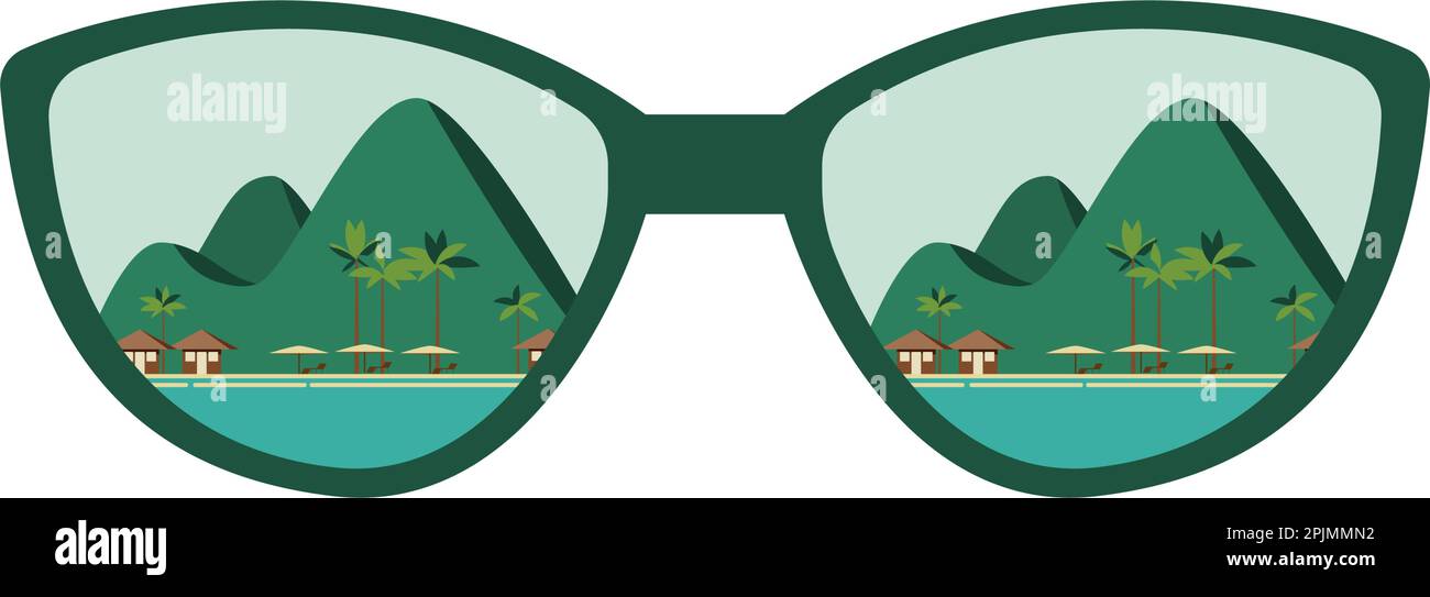 Sunglasses with mirrored sea beach and mountains, hills on iceland. Holiday, trip, travel tour concept. Sea landscape inside sunglasses. Vector illust Stock Vector