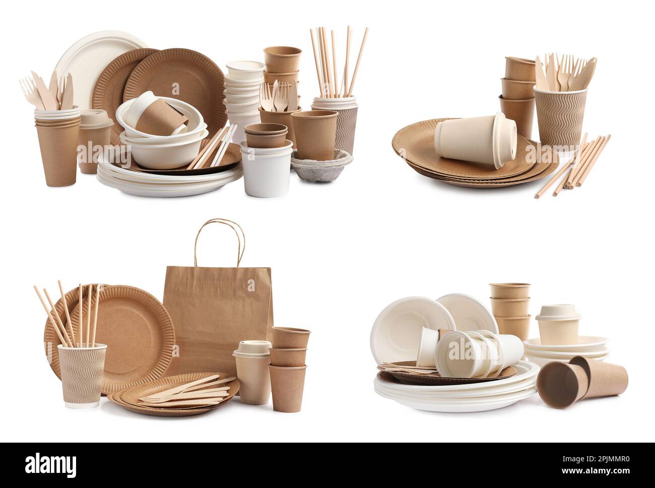Set with disposable tableware on white background Stock Photo - Alamy