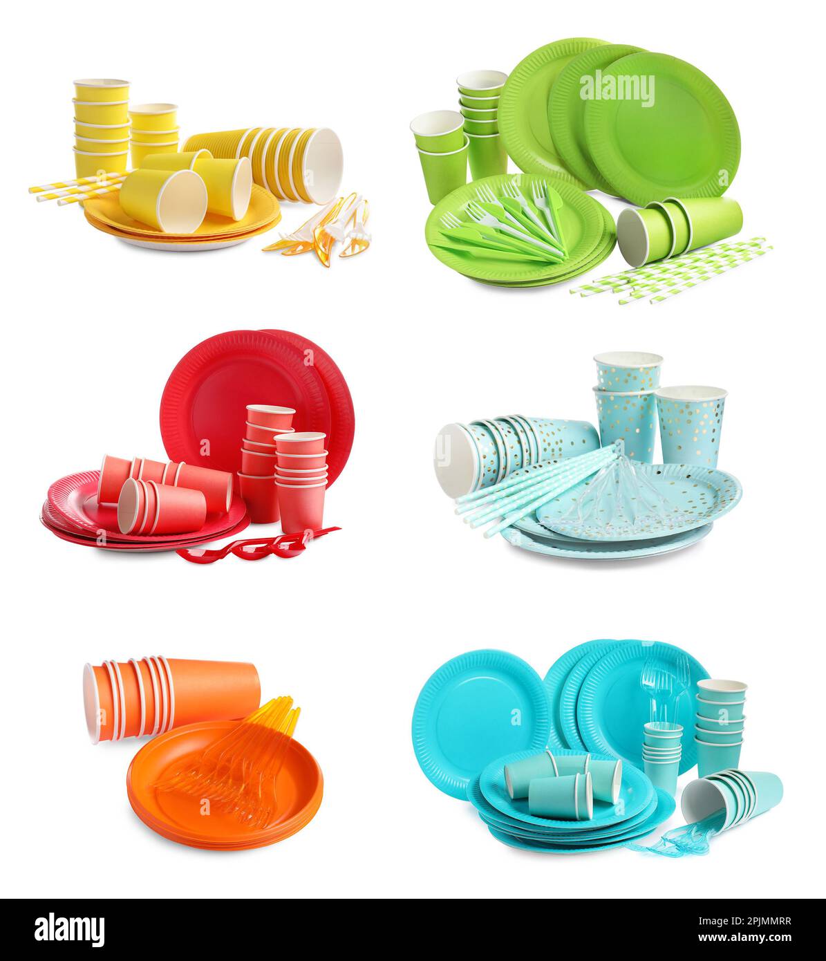 Set with different bright disposable tableware on white background ...