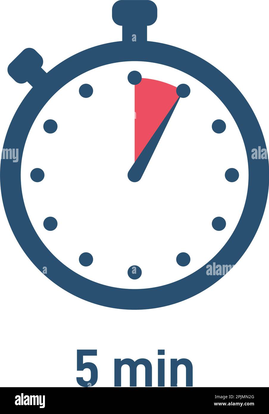 Set of stopwatch icons showing time 5 minutes or seconds. Red and black color. Set of