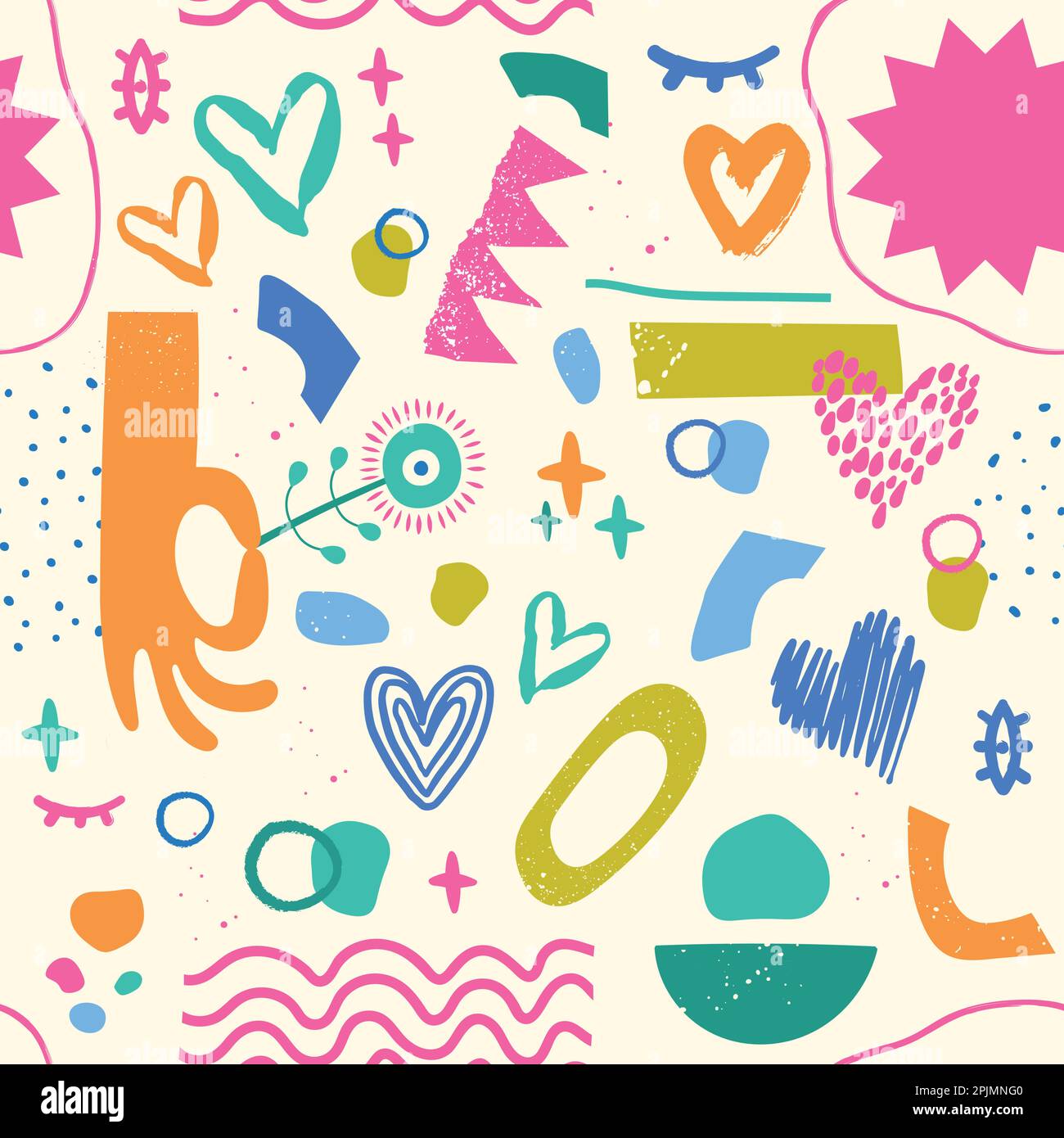 Fun colorful doodle seamless pattern. Creative minimalist style art background for children or trendy design with basic shapes. Simple childish scribb Stock Vector