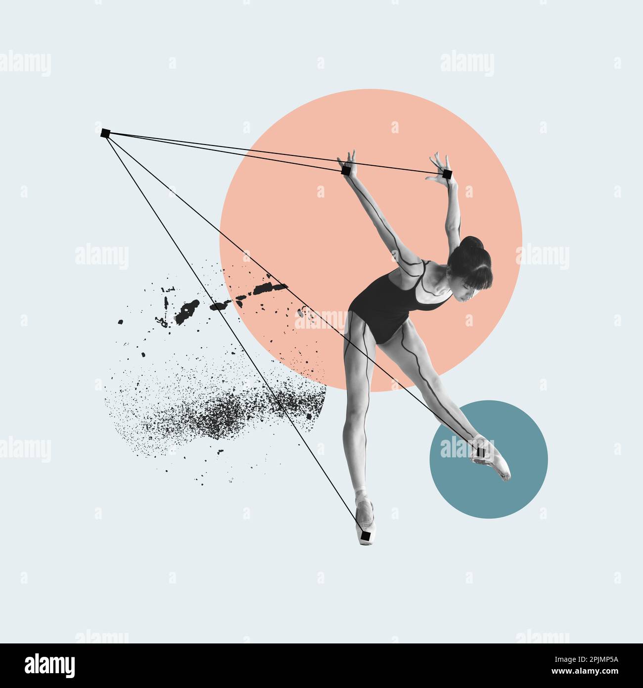 Beautiful young girl, ballerina in black bodysuit dancing with abstract ...