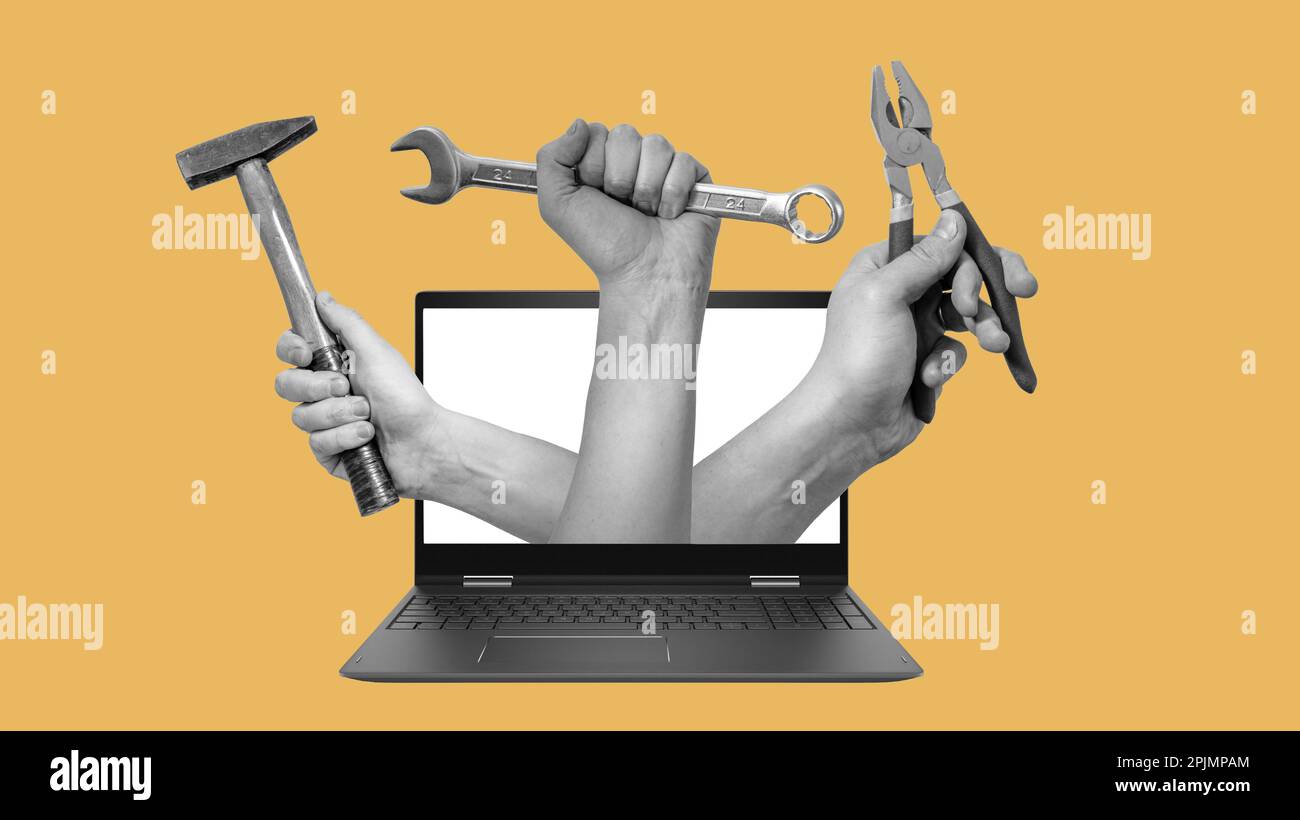 Art collage, hands with tools from a laptop on light background with space for text. The concept of working with different activities. Stock Photo