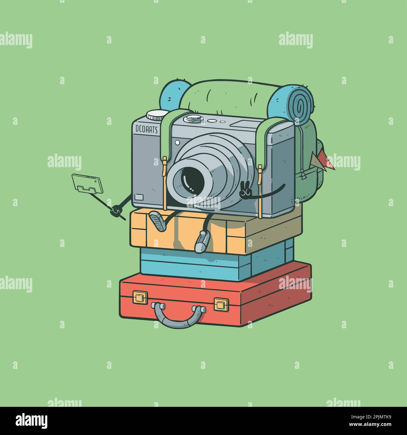 Luggage, backpack and camera holding selfie stick for making advertising media about tourism and all object on green background, vector flat Stock Vector