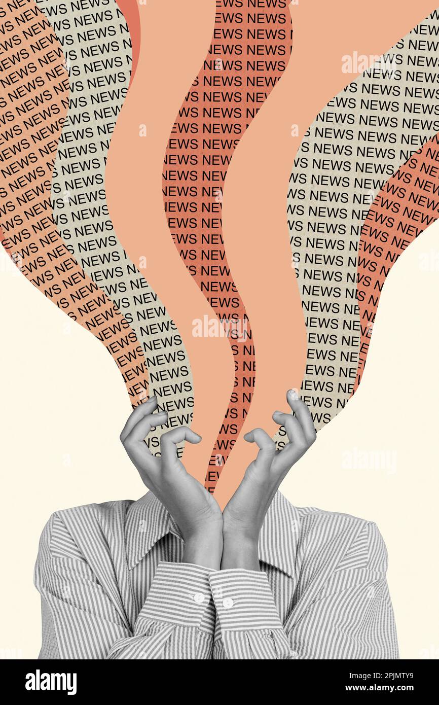 Composite collage of headless absurd person confused much content bad