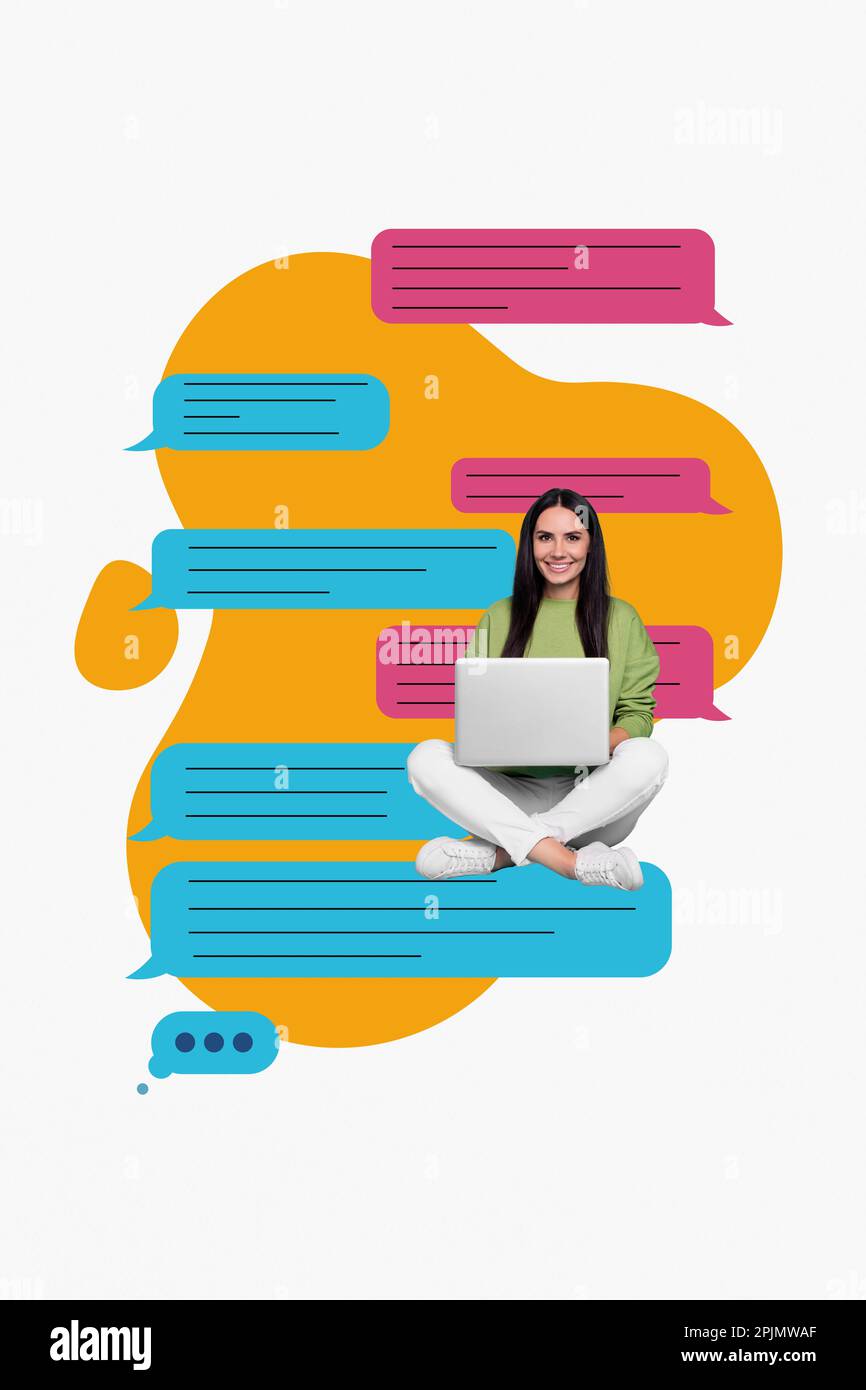 Creative collage of young girl interested using laptop chatting with ...
