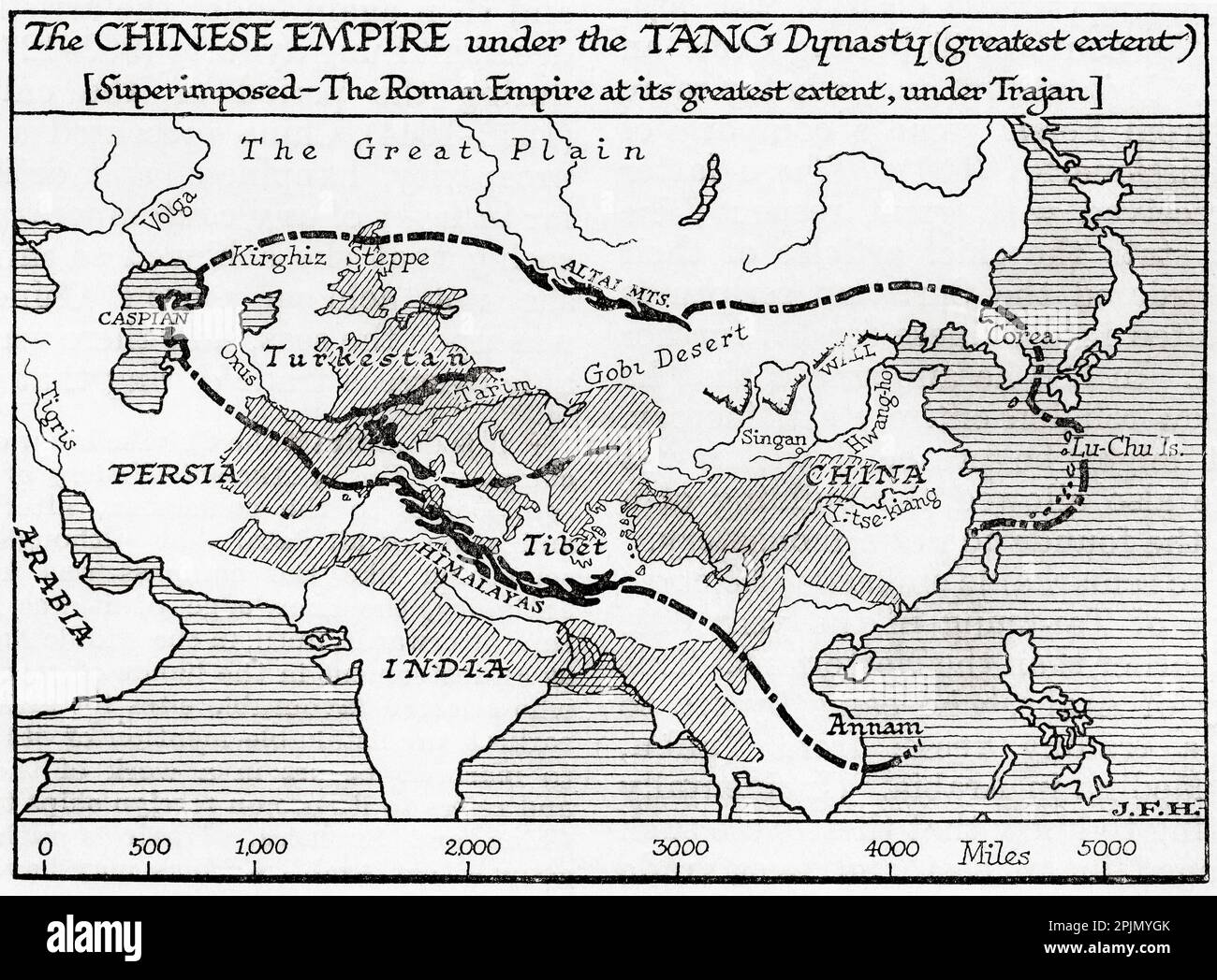 Map of the Chinese Empire under the Tang Dynasty, at its greatest extent and, superimposed, the Roman Empire at its greatest extent under Trajan.  From the book Outline of History by H.G. Wells, published 1920. Stock Photo