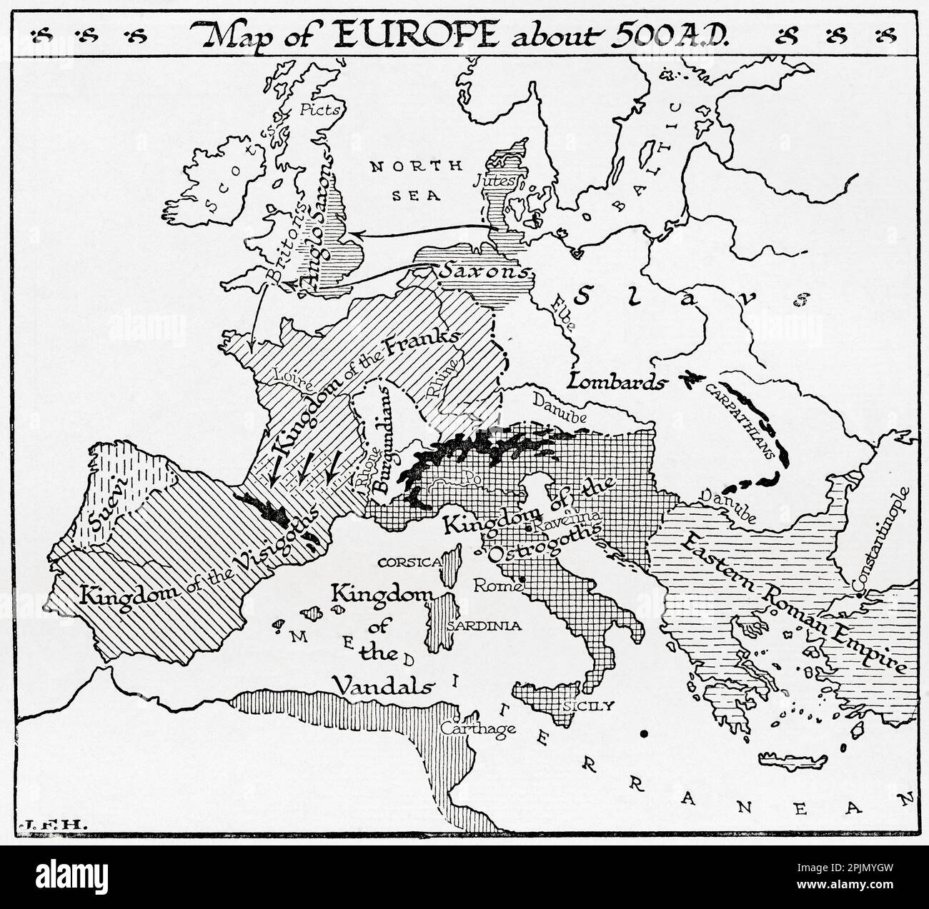 Map of Europe circa 500 A.D.  From the book Outline of History by H.G. Wells, published 1920. Stock Photo