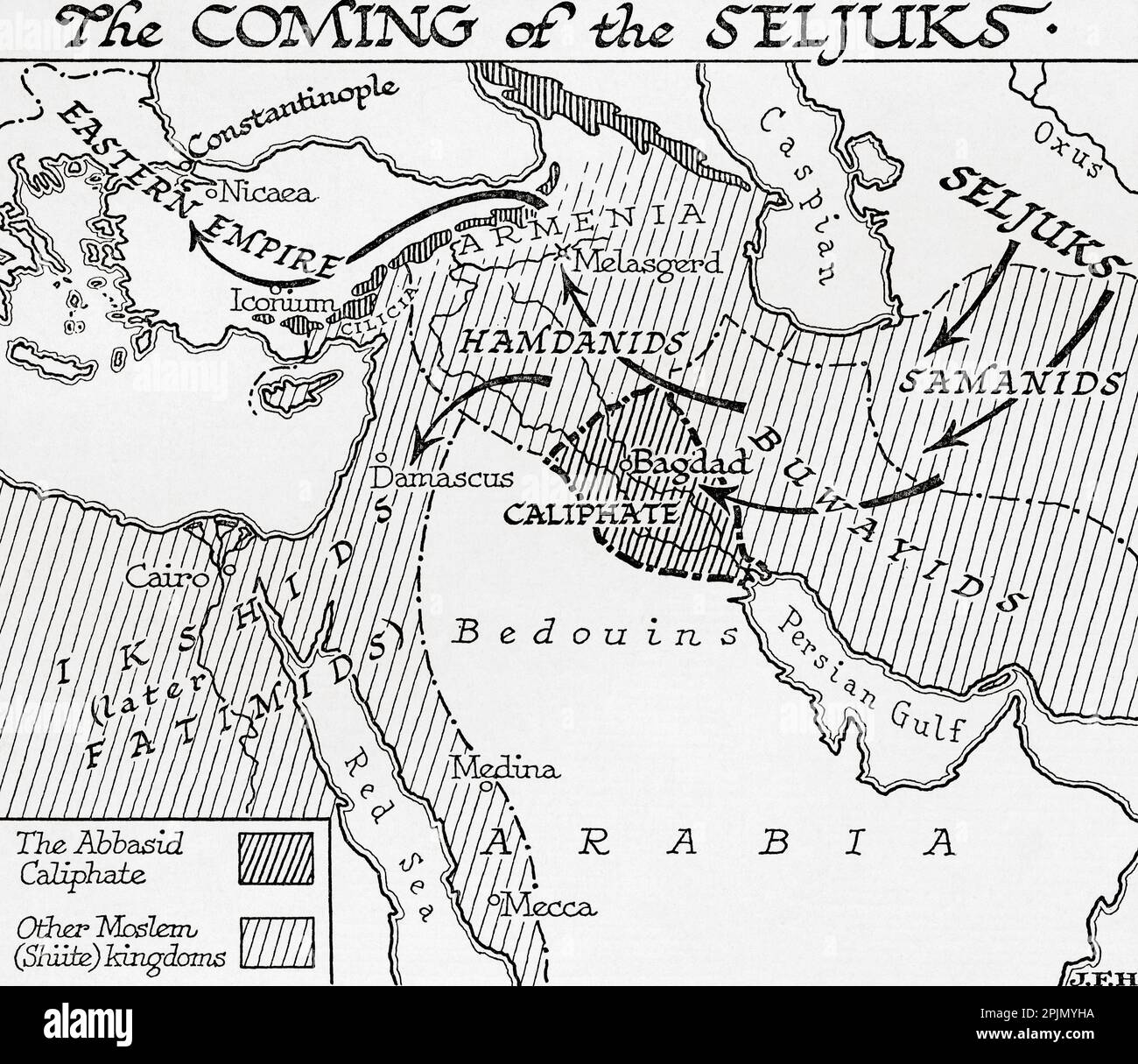 Map showing the coming of the Seljuks, 11th century.  From the book Outline of History by H.G. Wells, published 1920. Stock Photo