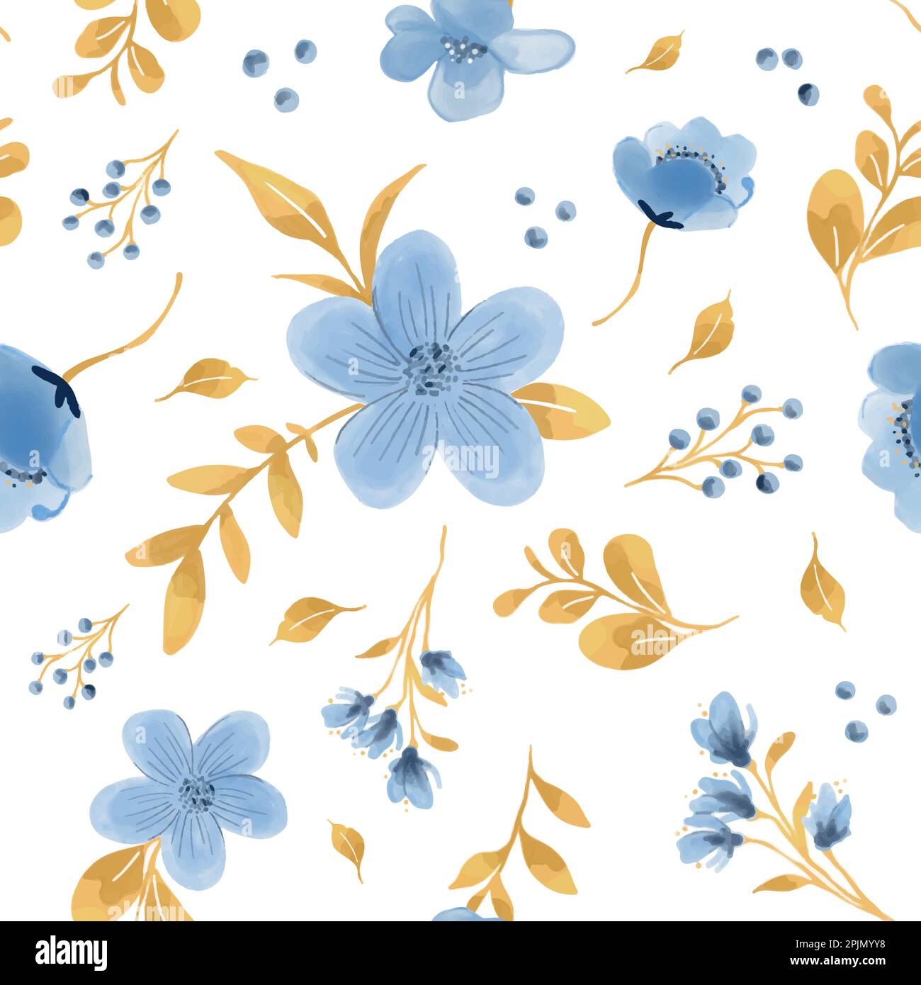 Floral seamless pattern with abstract blue and beige flowers, delicate branches and leaves. Watercolor print isolated on white background for textile Stock Vector