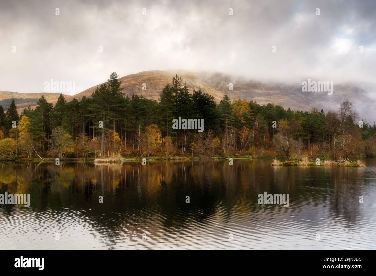 Landscape with autumn hills and trees reflected in water on a cloudy day. Glencoe, Scotland Stock Photo