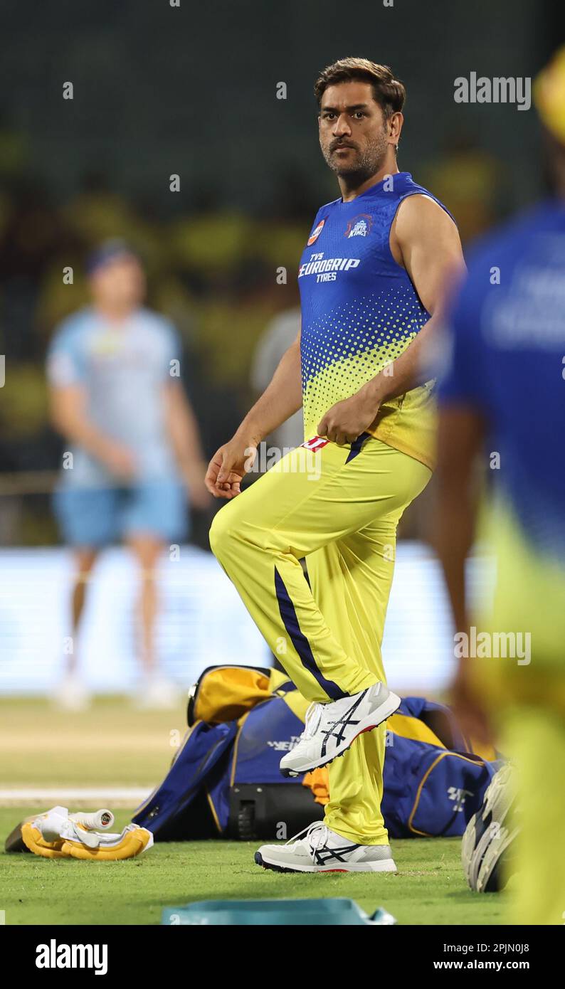 Chennai, India, 03/04/2023, Chennai, India, 03/04/2023, Match No 6 : TATA IPL 2023: CSK Vs LSG :  Chennai Super Kings Vs Lucknow Super Giants : MS Dhoni  of CSK  at MAC stadium in Chennai.Credit: Seshadri SUKUMAR/Alamy Live News Stock Photo