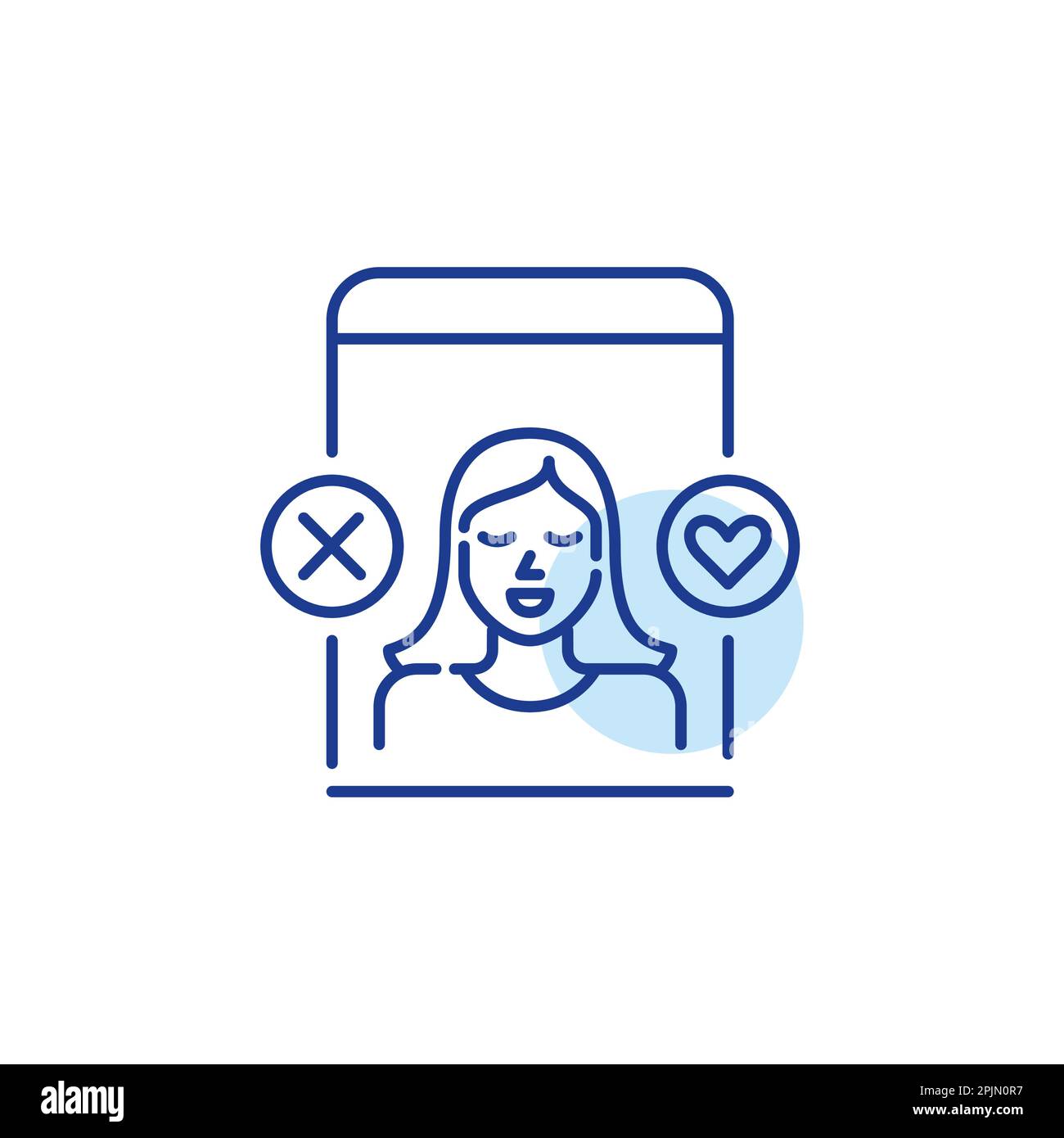 Dating app interface. Pretty girl user. Looking for a romantic partner. Match and pass symbols. Cross and heart icon Stock Vector