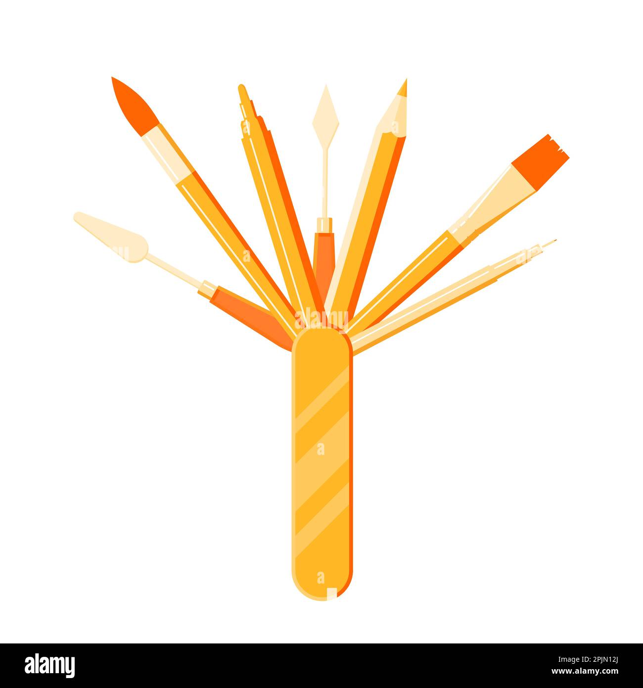 Artist tools like pencil, brush, liner, pen, marker, palette knife