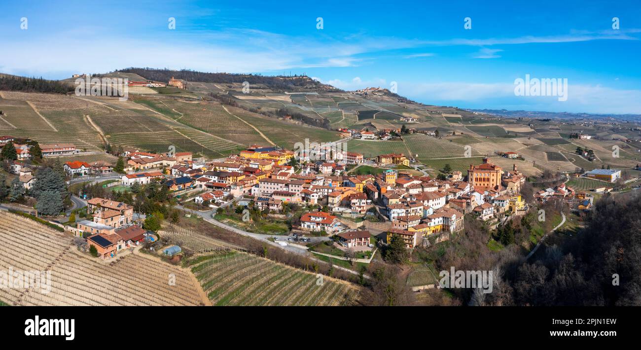 A panorama view of the village of Barolo and the surrounding vineyards in the Italian Piedmont Stock Photo